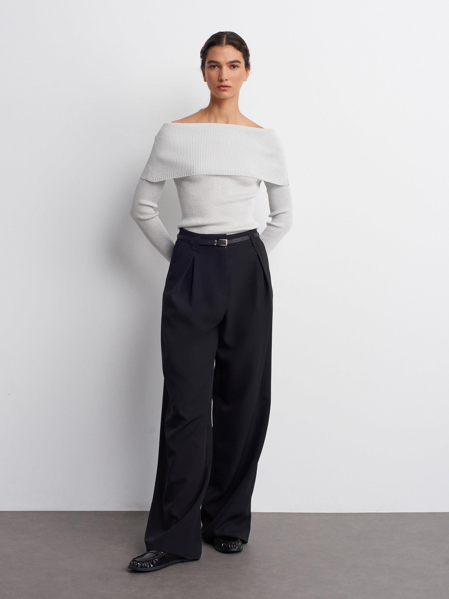 Wholesale Women's Light Gray Lurex Ribbed Knit Sweater with Carmen Collar 0431W26-10808