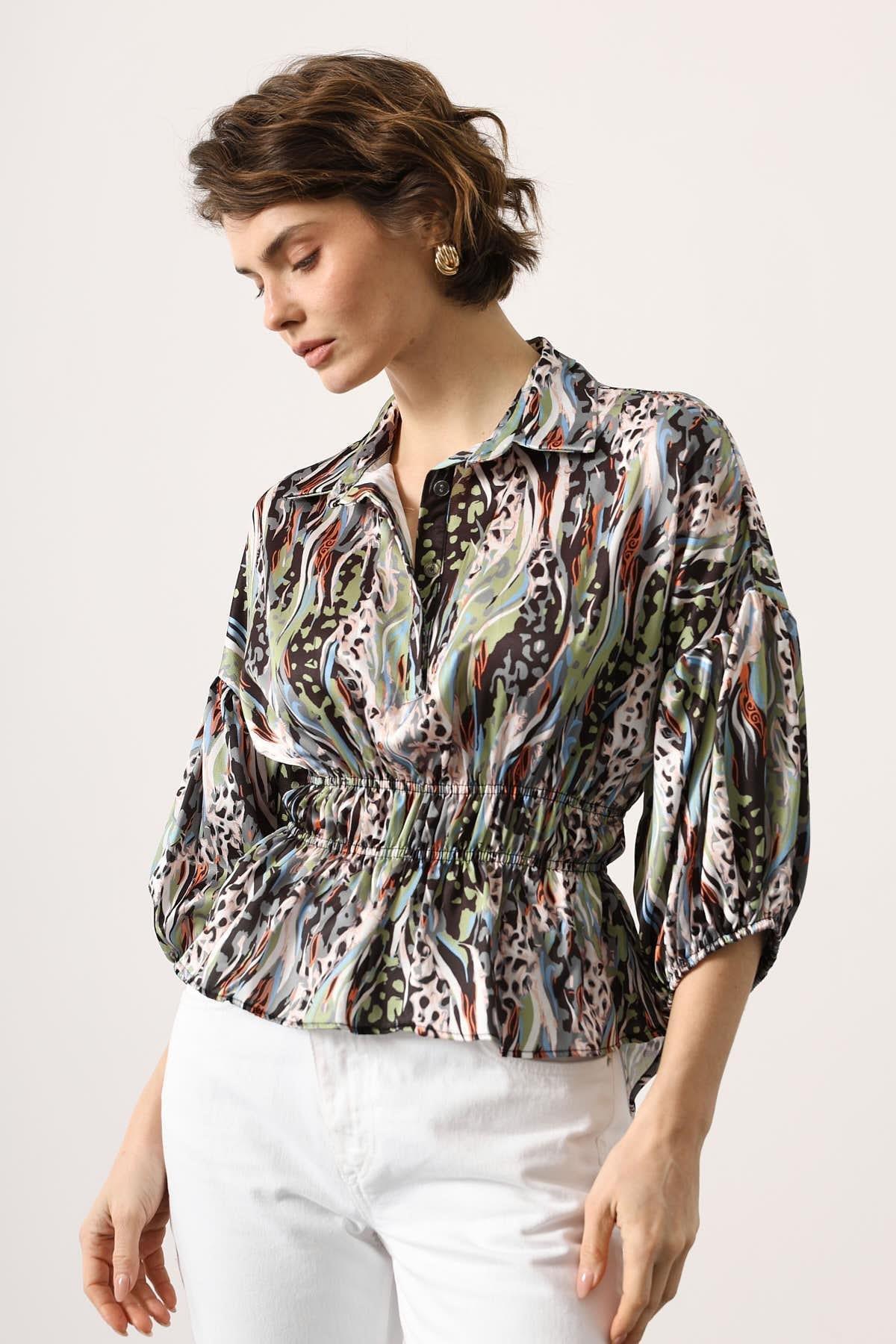 Wholesale Women's Light Green Satin Shirt with Gathered Elastic Waist and Half Placket 0061-4887