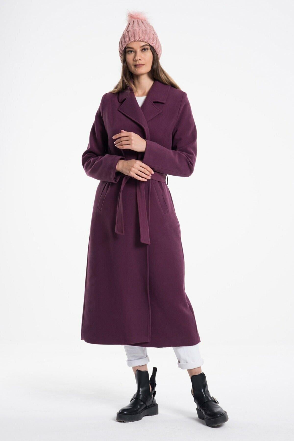 Wholesale Women's Light Plum Lapel Long Belted Coat