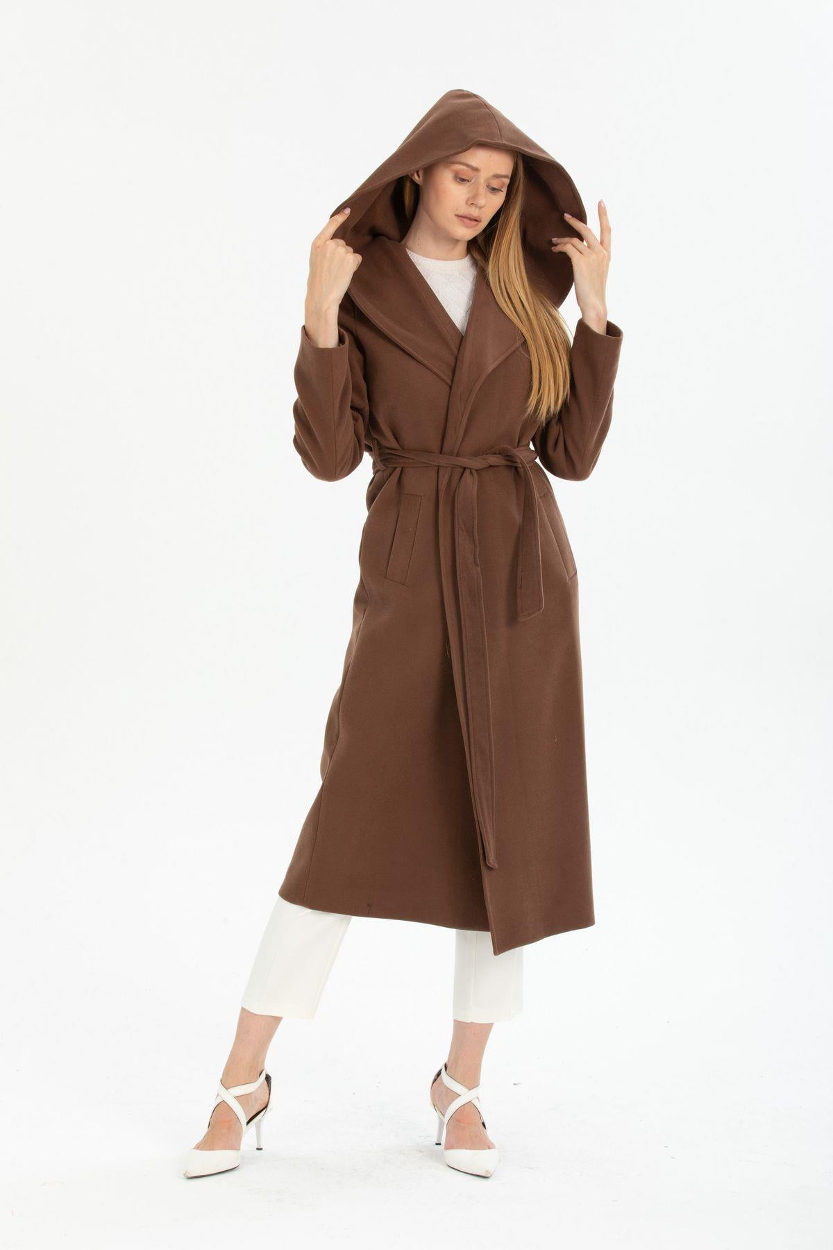 Wholesale Women's Light Tan Hooded Long Coat