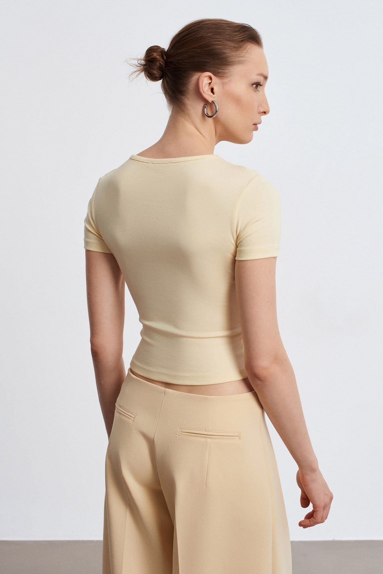 Wholesale Women's Light Yellow Modal-Cotton Snap-Button Cropped Tee 0431-31704