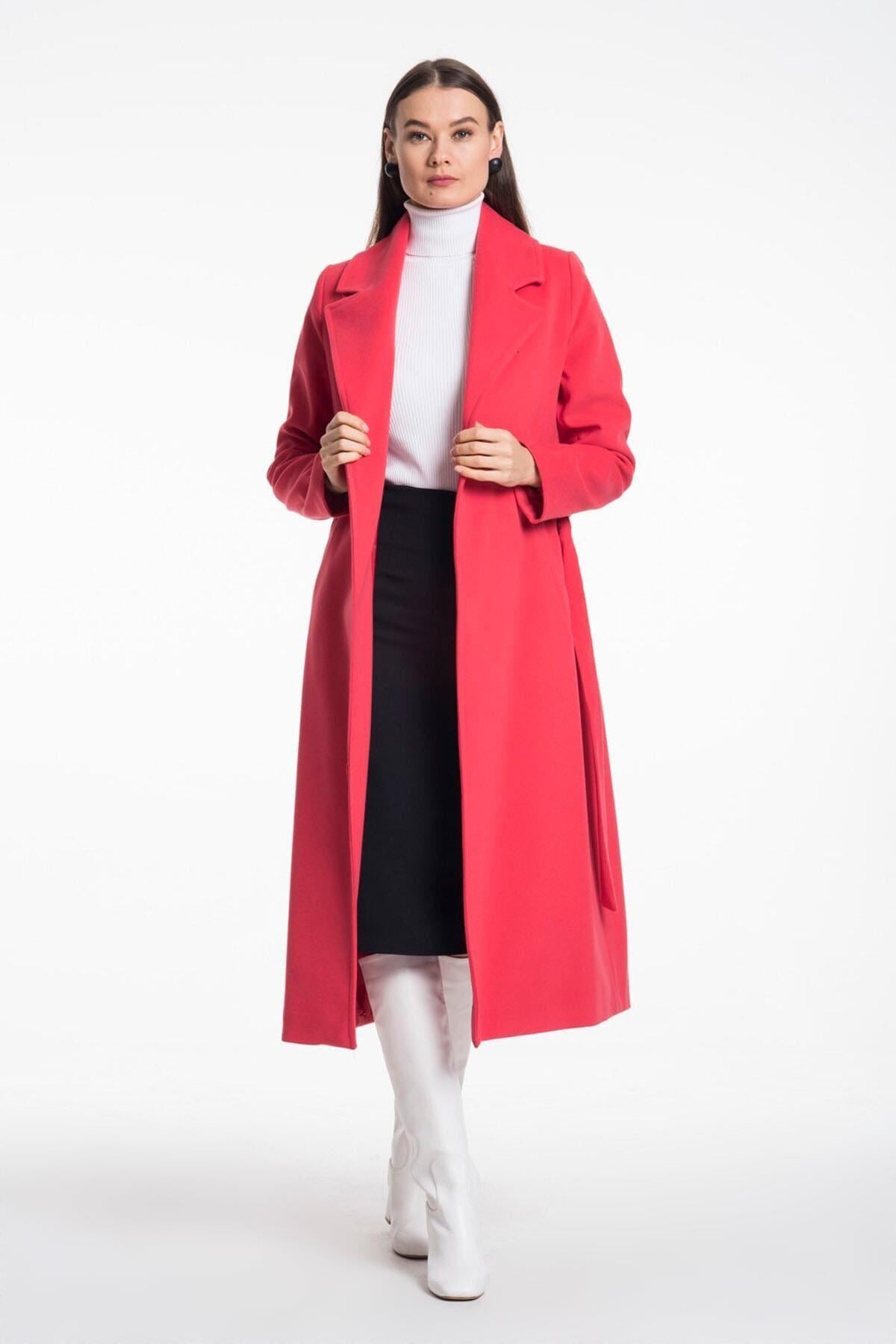 Wholesale Women's Matte Black Long Pocketed Lined Belted Coat