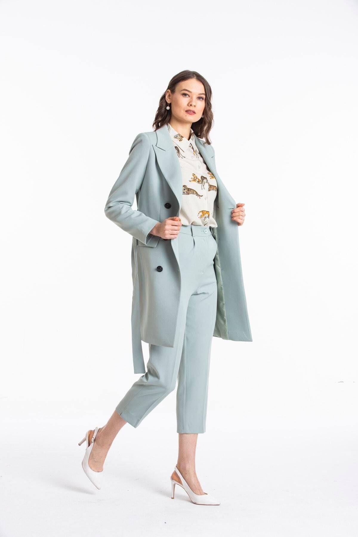 Wholesale Women's Mint Black Double-Breasted Long Jacket
