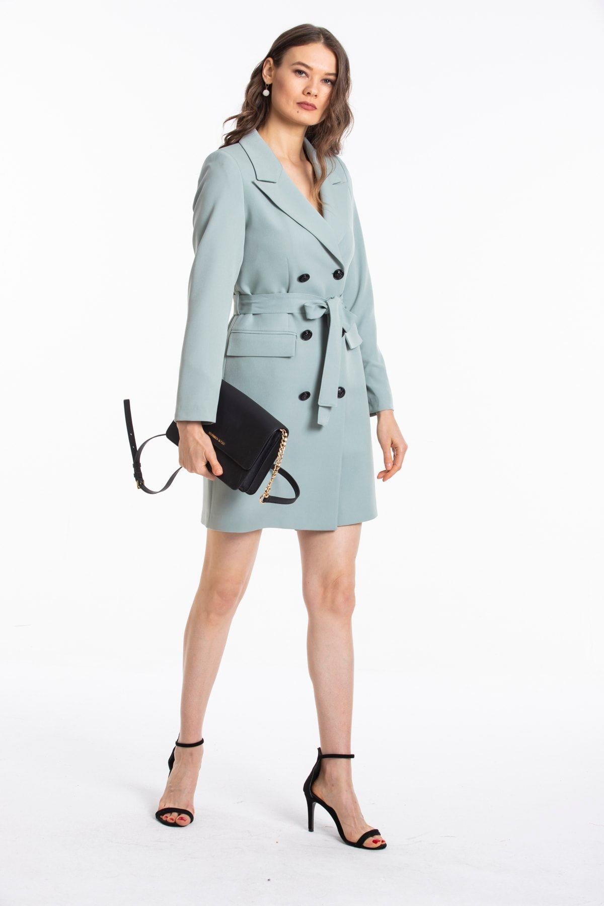 Wholesale Women's Mint Black Double-Breasted Long Jacket