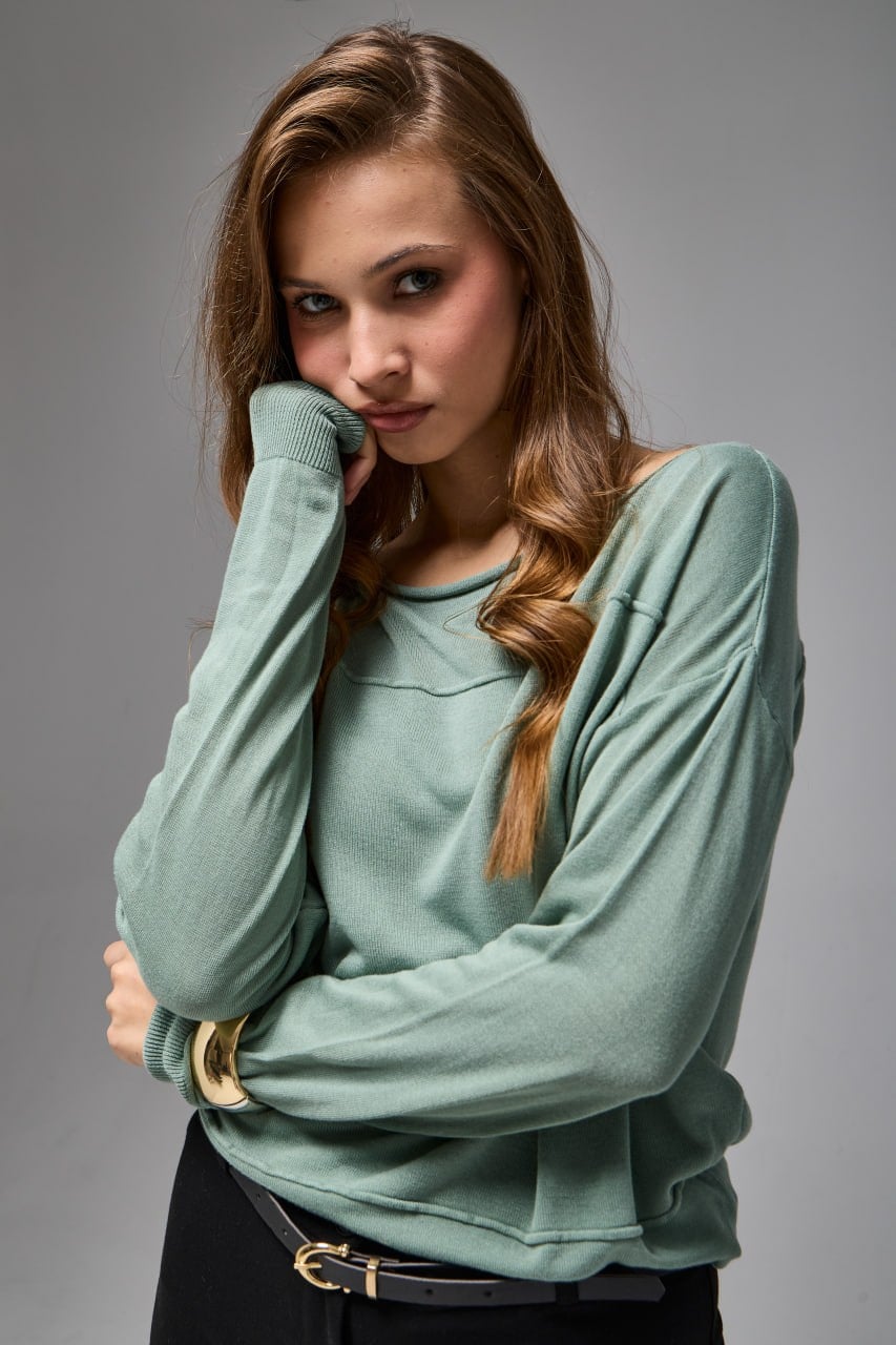 Wholesale Women's Mint Fine Knit Sweater with Boat Neck and Drop Shoulders 0037-8540