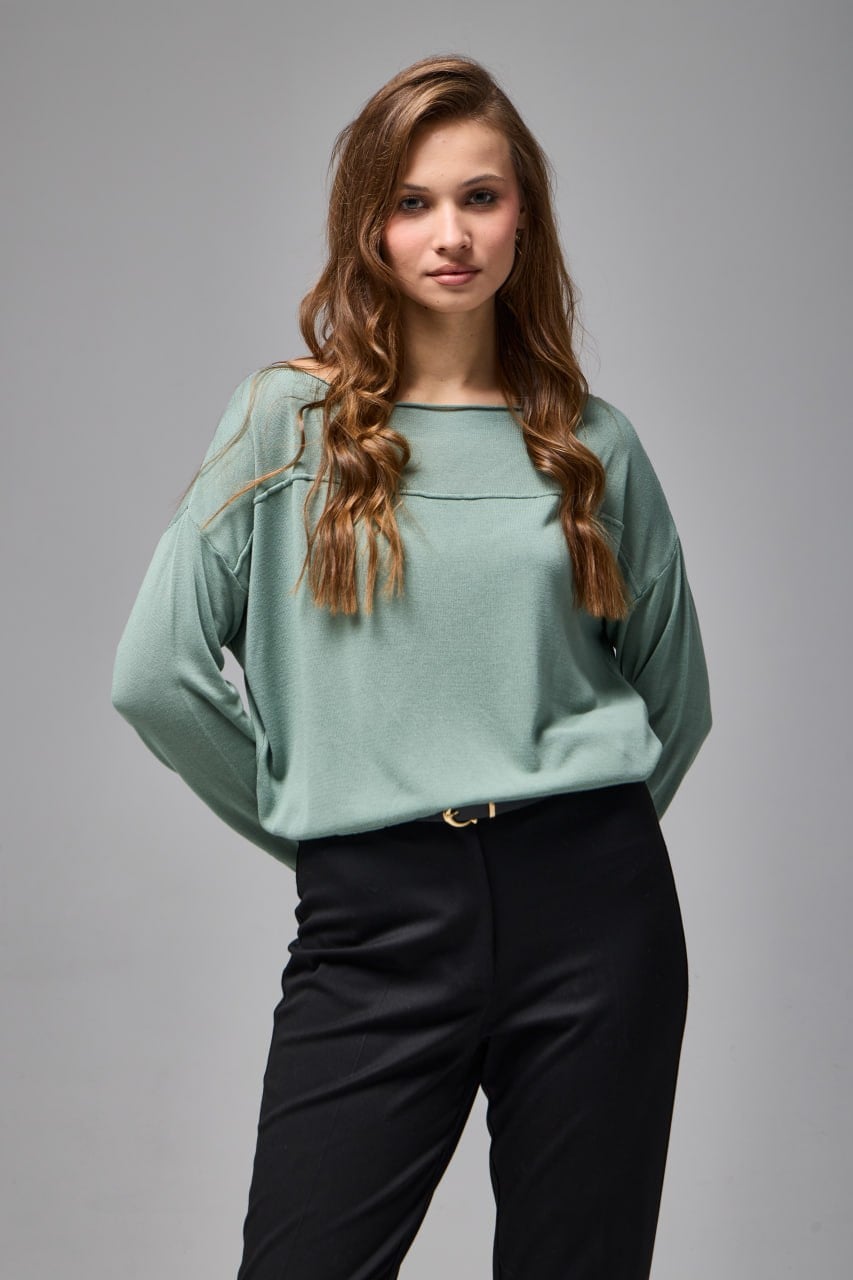 Wholesale Women's Mint Fine Knit Sweater with Boat Neck and Drop Shoulders 0037-8540