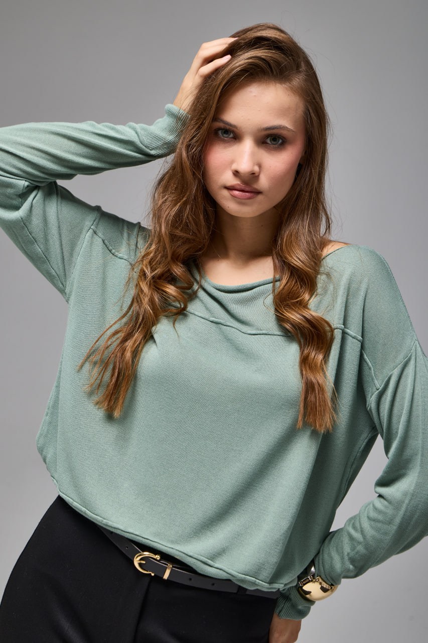 Wholesale Women's Mint Fine Knit Sweater with Boat Neck and Drop Shoulders 0037-8540