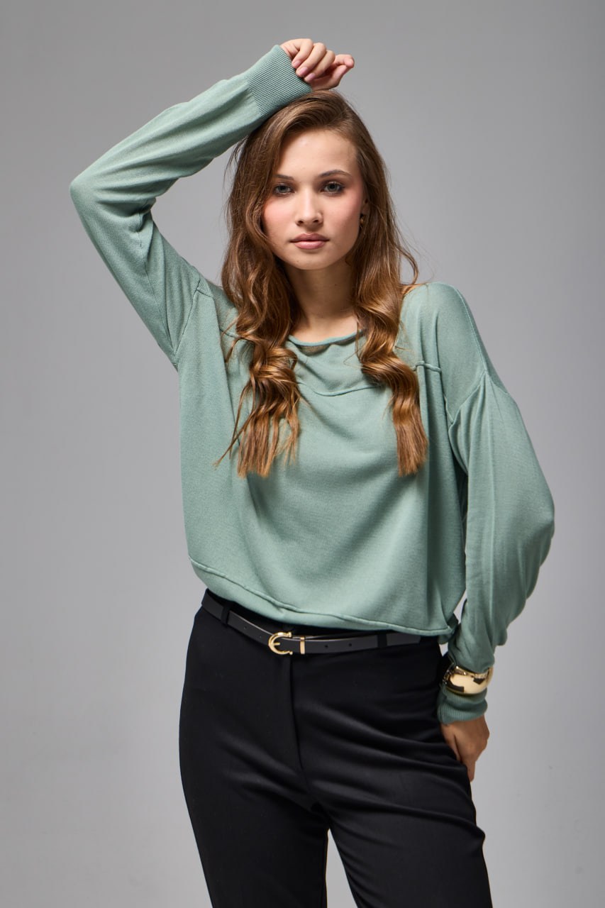 Wholesale Women's Mint Fine Knit Sweater with Boat Neck and Drop Shoulders 0037-8540