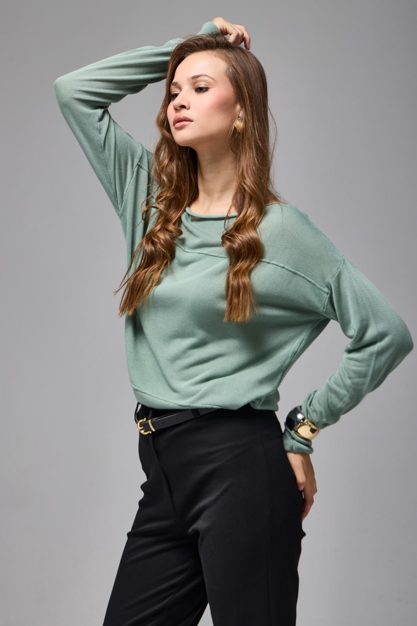 Wholesale Women's Mint Fine Knit Sweater with Boat Neck and Drop Shoulders 0037-8540