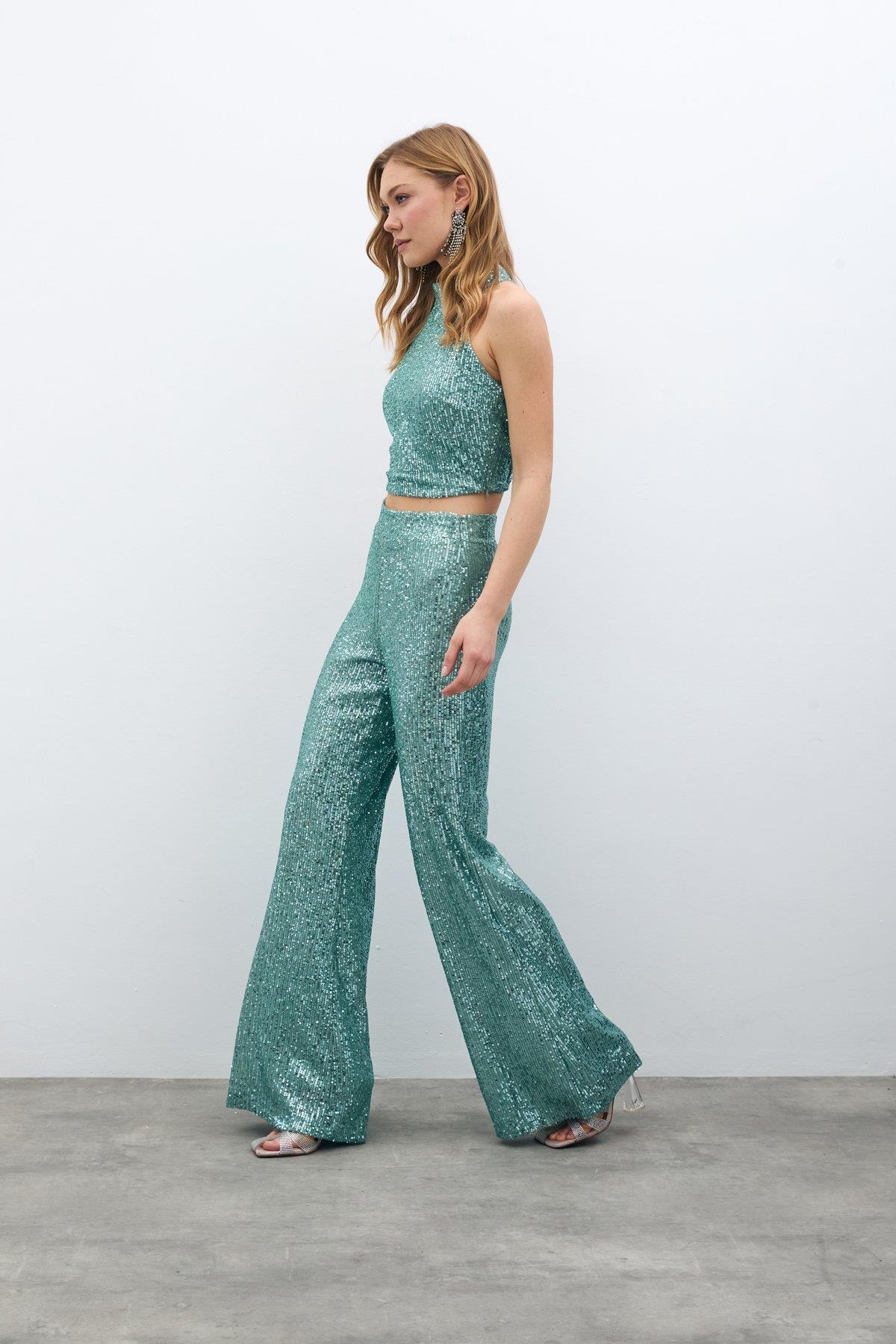 Wholesale Women's Mint Sequined Loose-Fit Trousers 0033-2075-5519