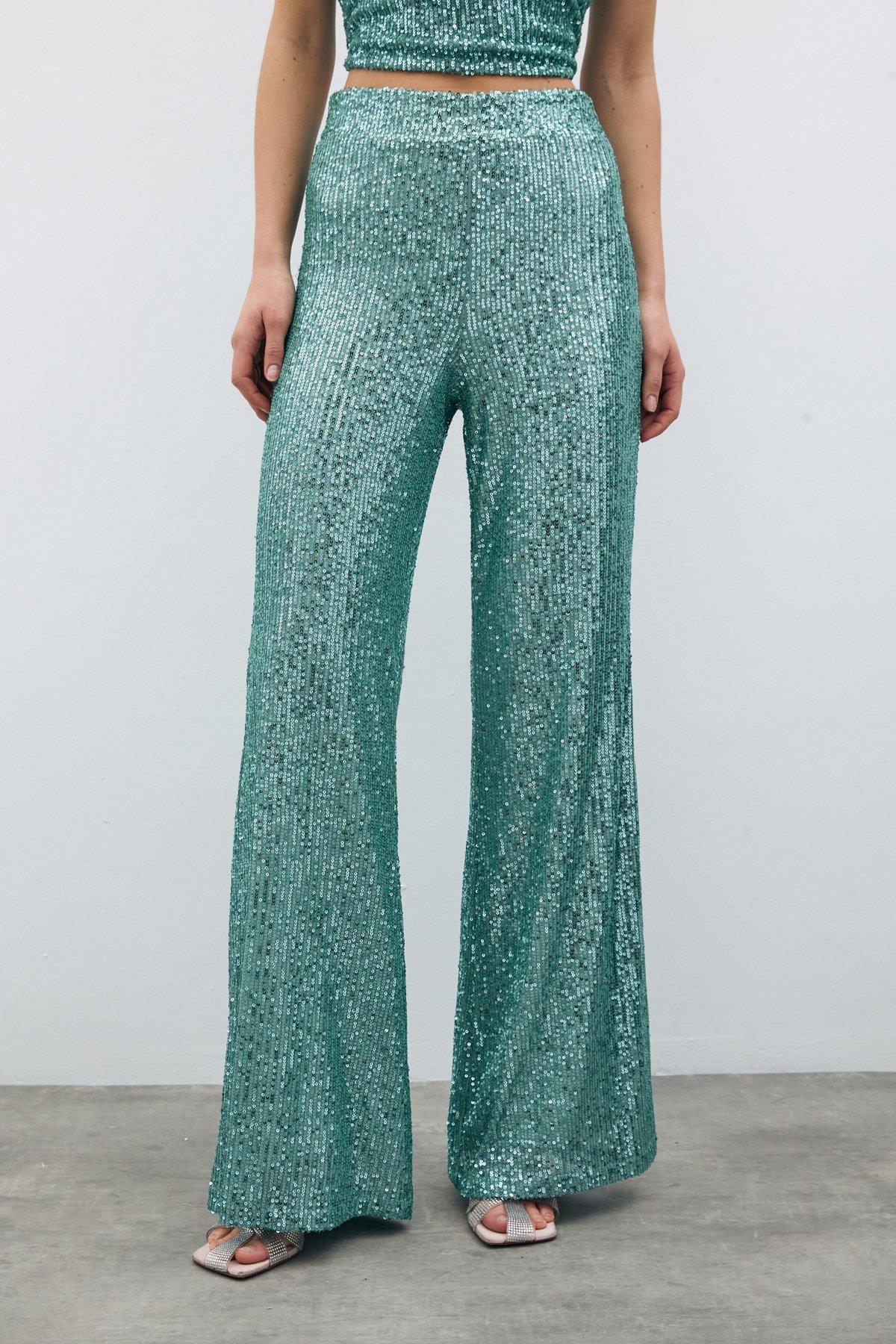 Wholesale Women's Mint Sequined Loose-Fit Trousers 0033-2075-5519