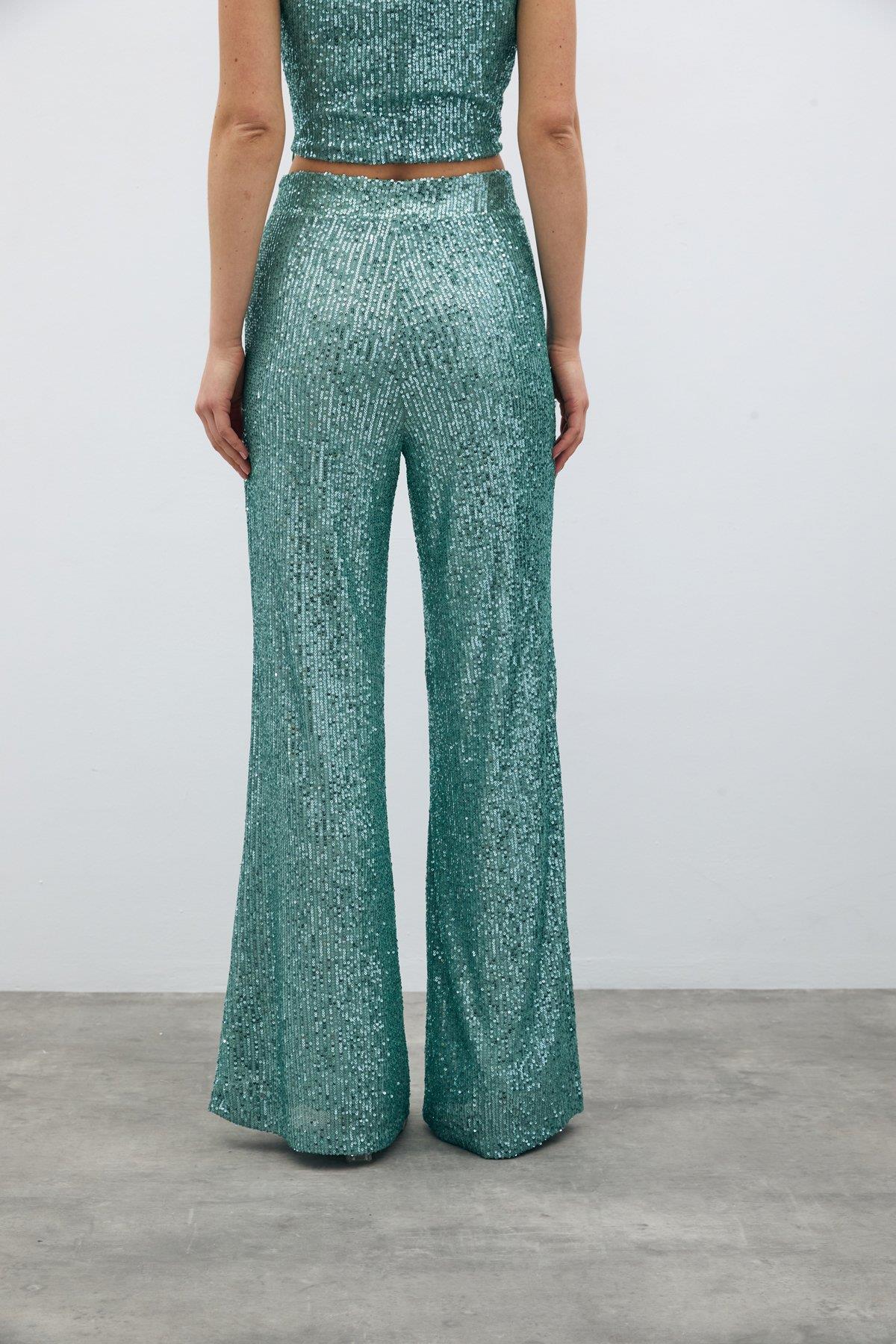 Wholesale Women's Mint Sequined Loose-Fit Trousers 0033-2075-5519