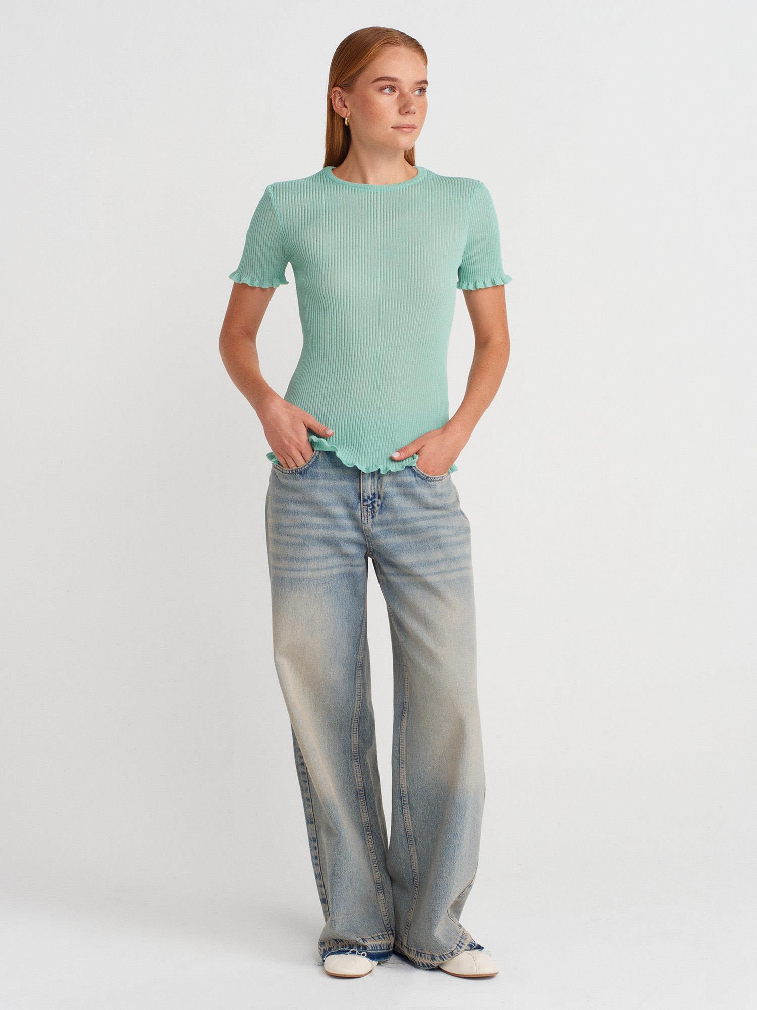 Wholesale Women's Mint Short-Sleeve Fine Knit Crew-Neck Blouse with Ruffled Trim 0431W26-10783