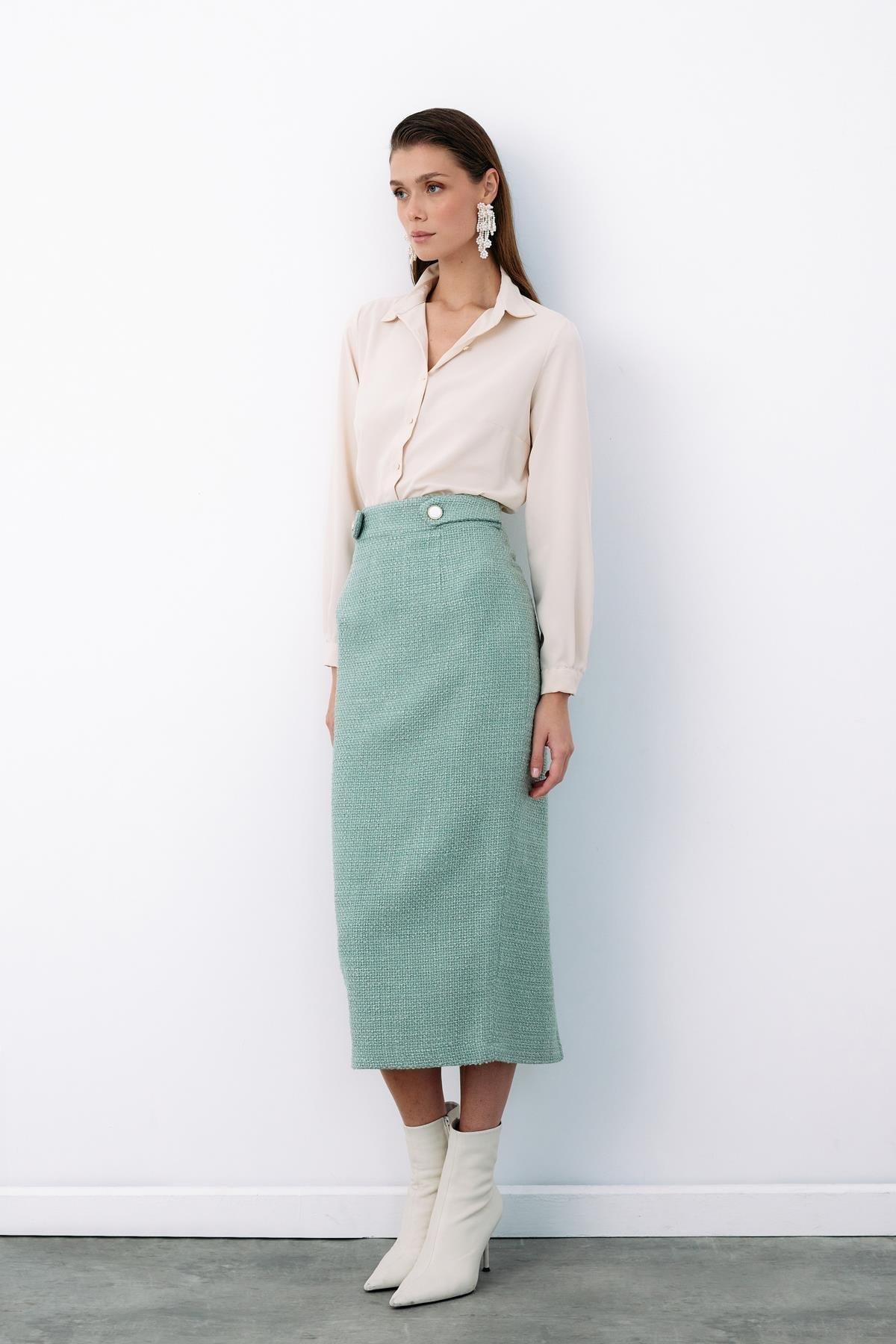 Wholesale Women's Mint Tweed Midi Skirt 0033-1548-4511