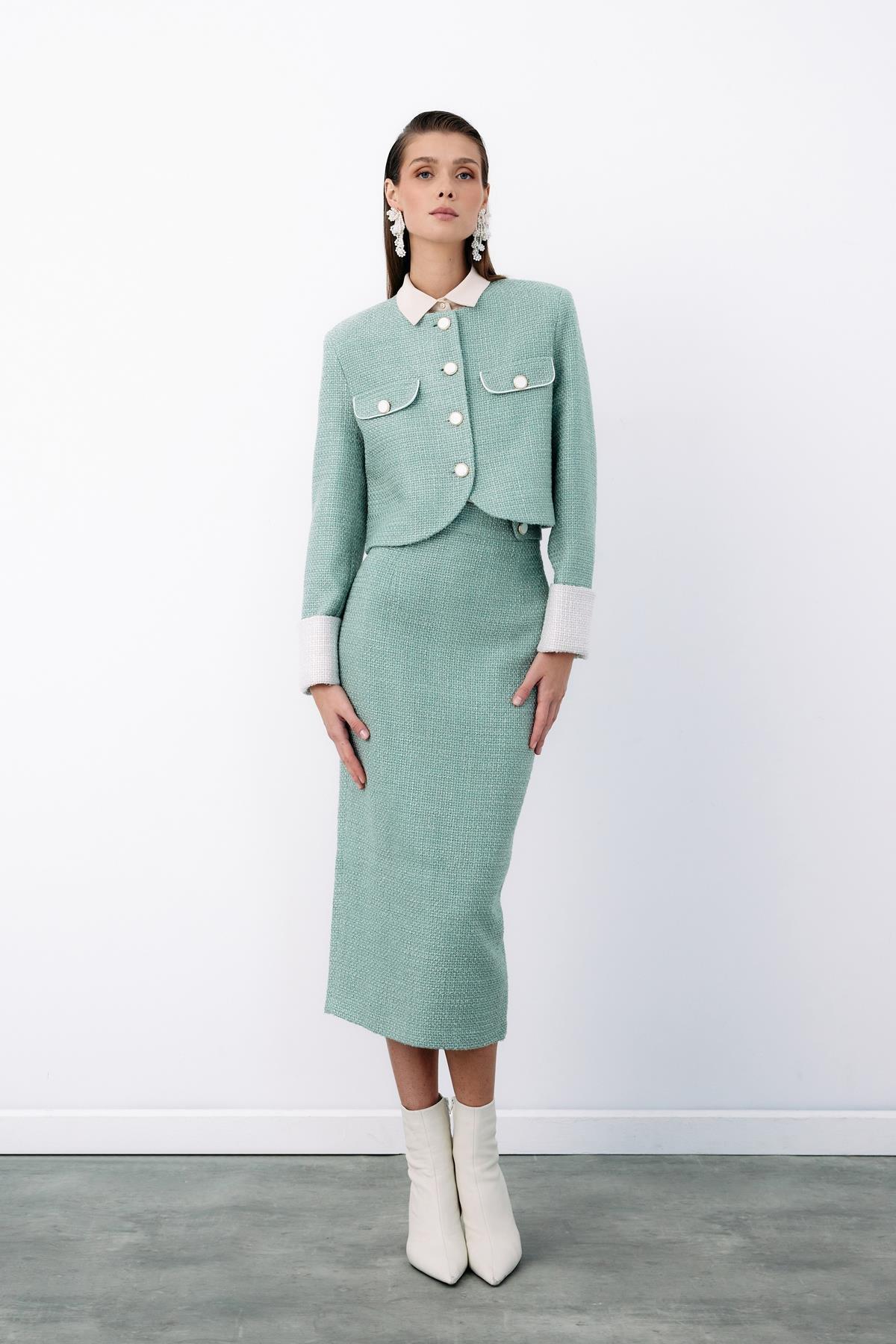 Wholesale Women's Mint Tweed Midi Skirt 0033-1548-4511
