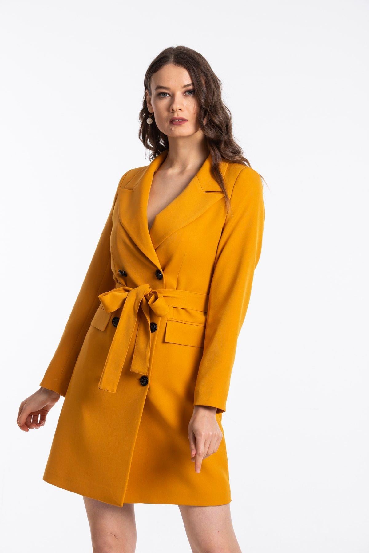 Wholesale Women's Mustard Black Double-Breasted Long Jacket
