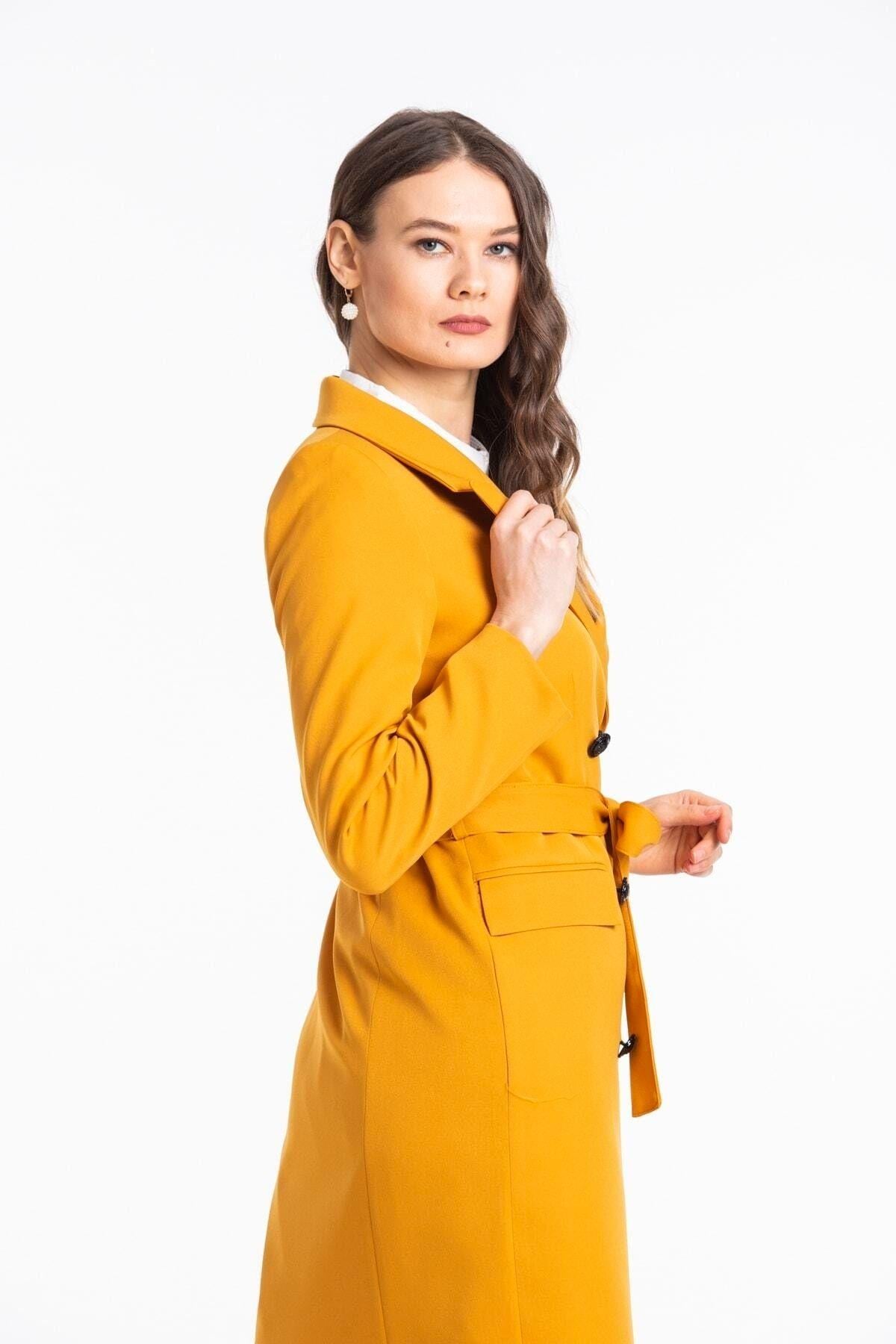 Wholesale Women's Mustard Black Double-Breasted Long Jacket