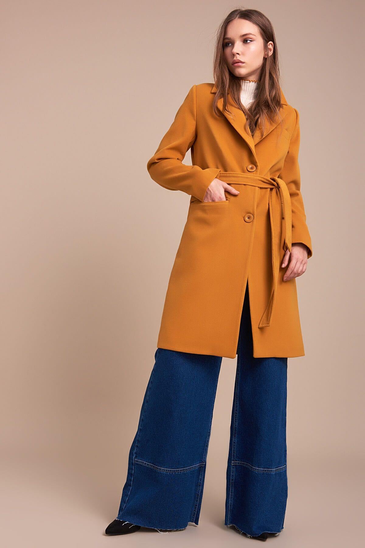 Wholesale Women's Mustard Buttoned Tied Short Coat