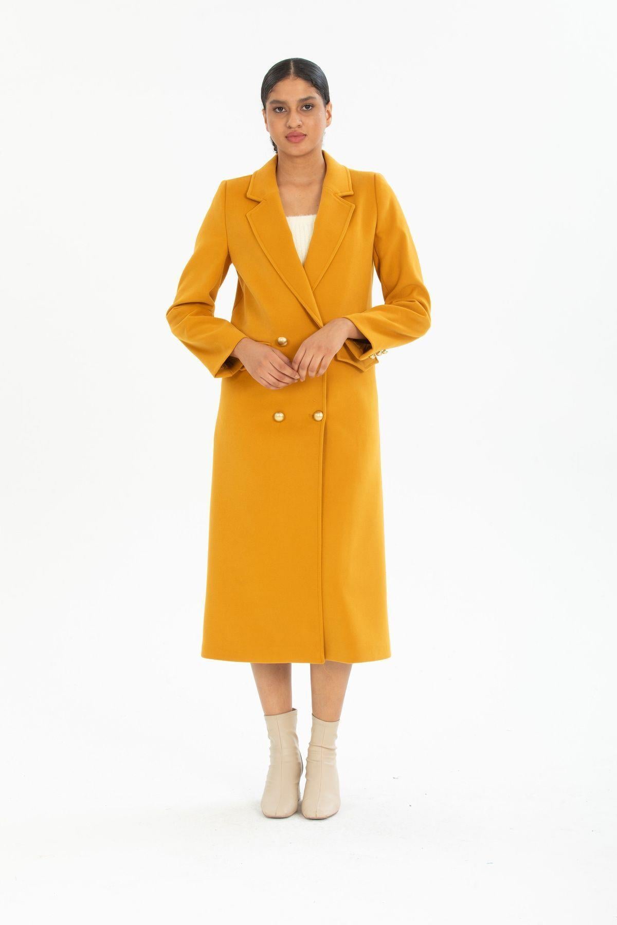 Wholesale Women's Mustard Gold Buttoned Long Coat