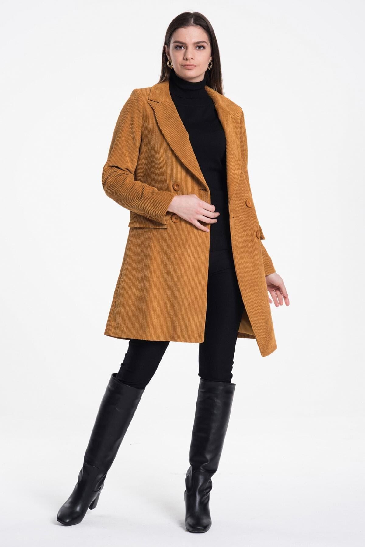 Wholesale Women's Mustard Velvet Double-Breasted Long Jacket