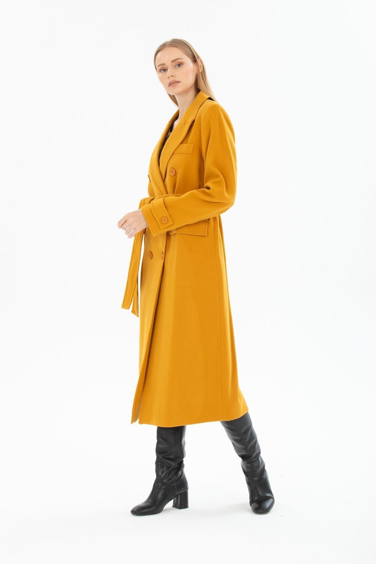 Wholesale Women's Mustard Wool Belted Notched Collar Lined Coat