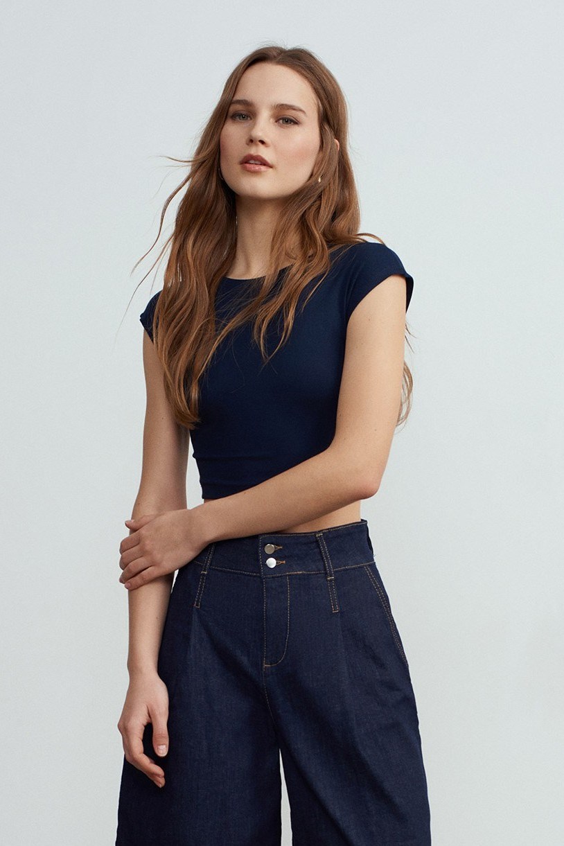 Wholesale Women's Navy Blue Modal-Cotton Cropped T-Shirt 0431-30528