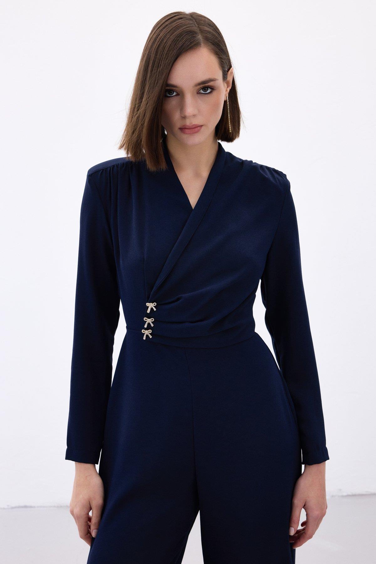 Wholesale Women's Navy Crepe Jumpsuit with Bow Accessory 0033-1738-7002