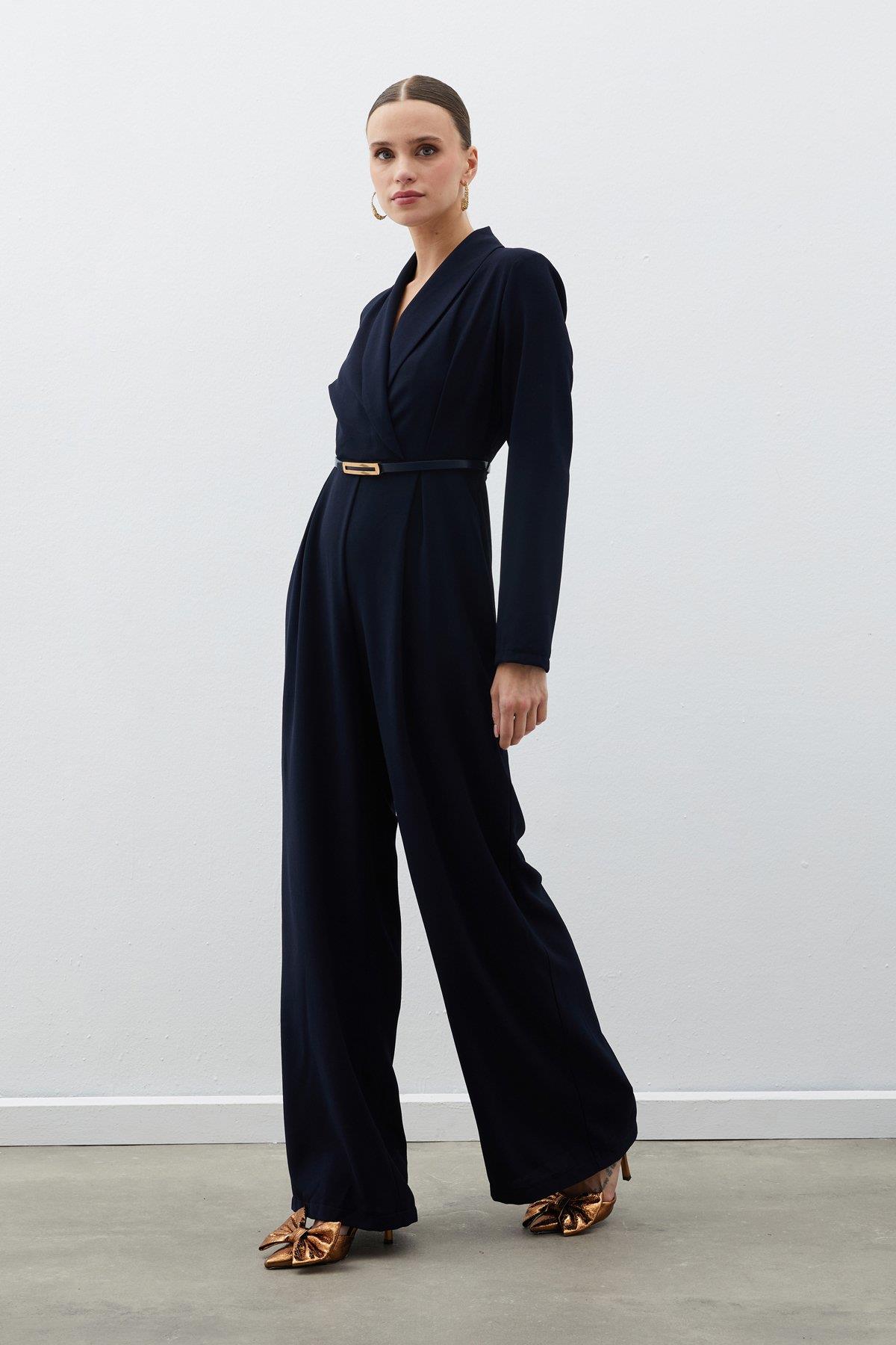 Wholesale Women's Navy Crepe Jumpsuit with Belt 0033-2063-7503