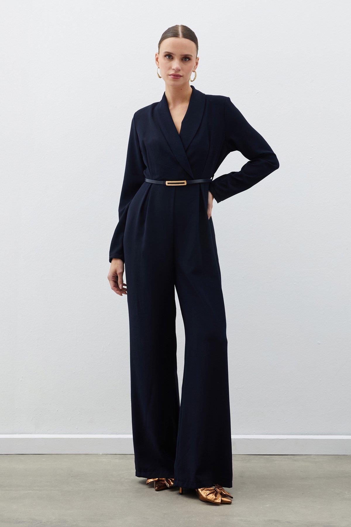 Wholesale Women's Navy Crepe Jumpsuit with Belt 0033-2063-7503
