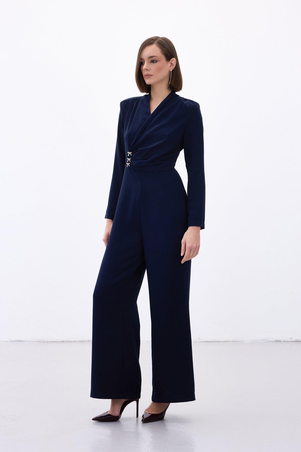 Wholesale Women's Navy Crepe Jumpsuit with Bow Accessory 0033-1738-7002
