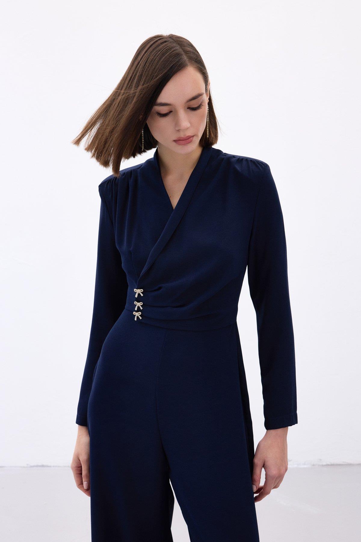 Wholesale Women's Navy Crepe Jumpsuit with Bow Accessory 0033-1738-7002