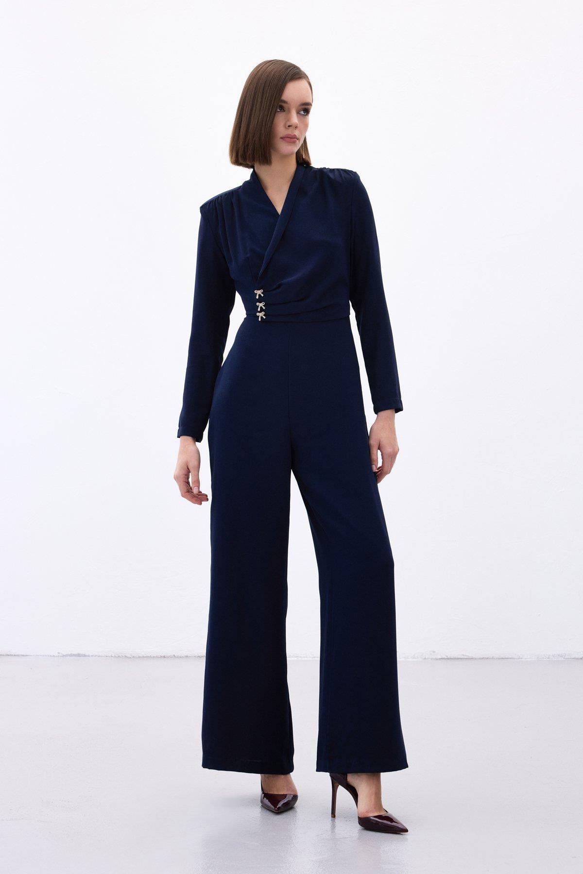 Wholesale Women's Navy Crepe Jumpsuit with Bow Accessory 0033-1738-7002