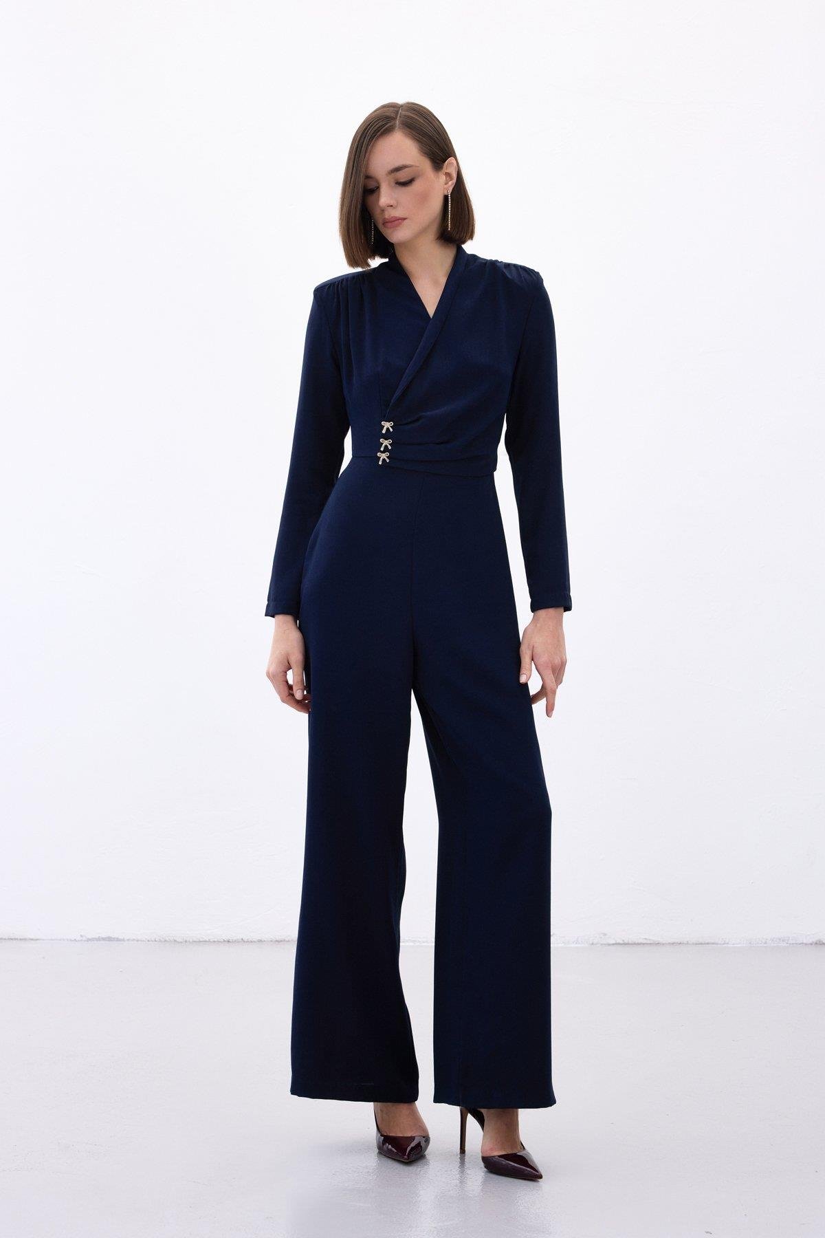 Wholesale Women's Navy Crepe Jumpsuit with Bow Accessory 0033-1738-7002