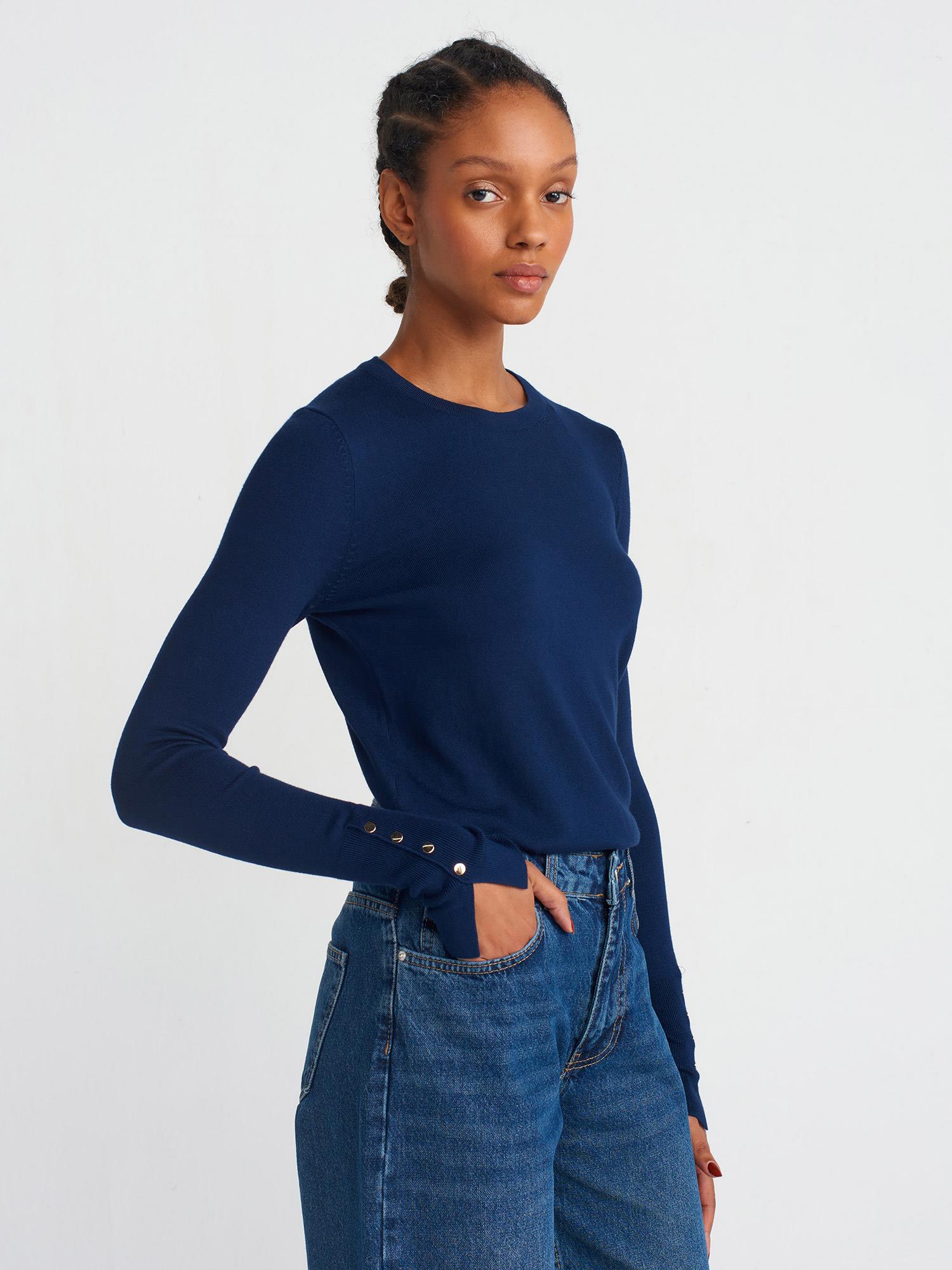 Wholesale Women's Navy Crew-Neck Knit Blouse with Snap-Button Wide Cuffs 0431W26-1267