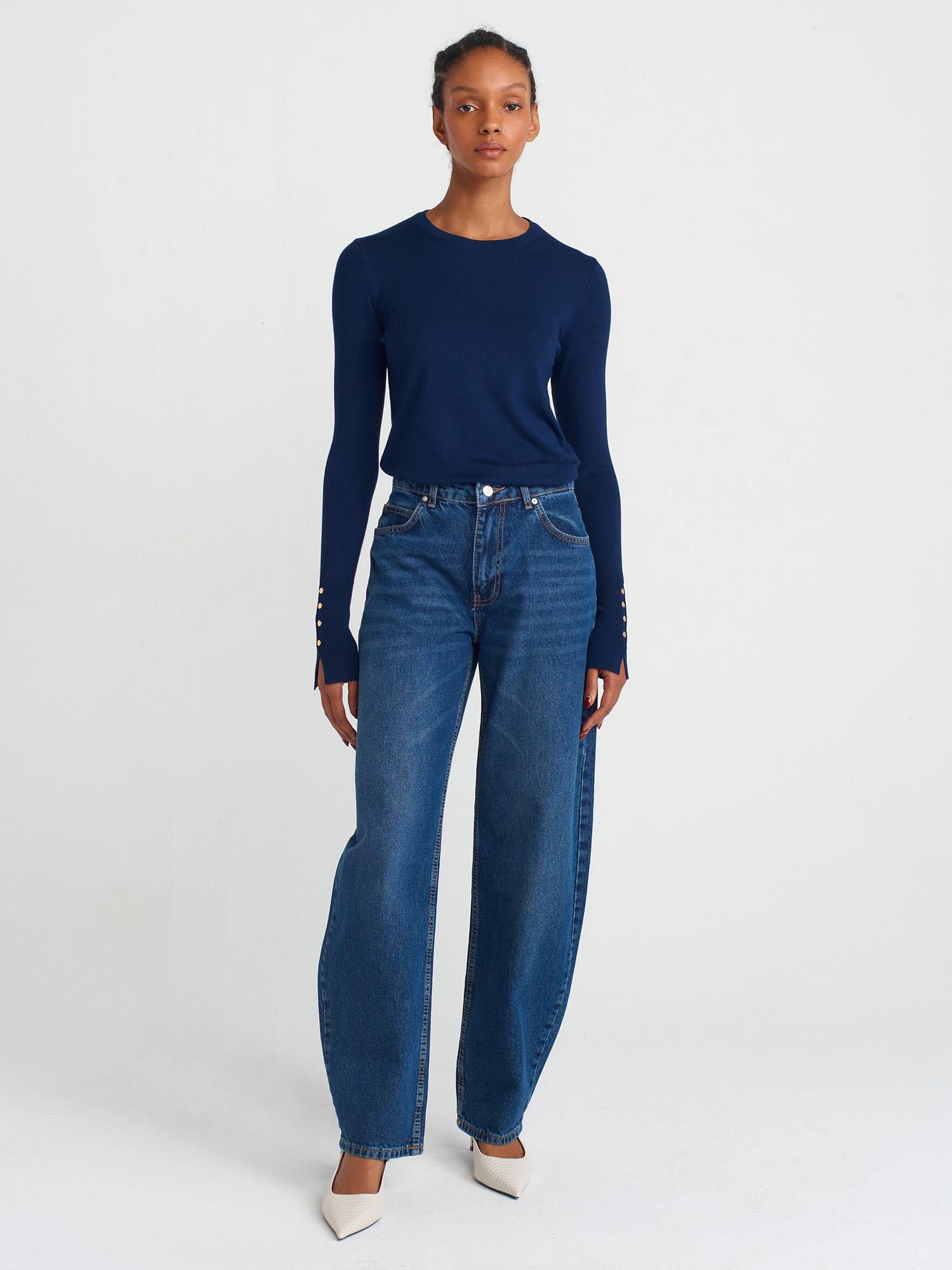 Wholesale Women's Navy Crew-Neck Knit Blouse with Snap-Button Wide Cuffs 0431W26-1267