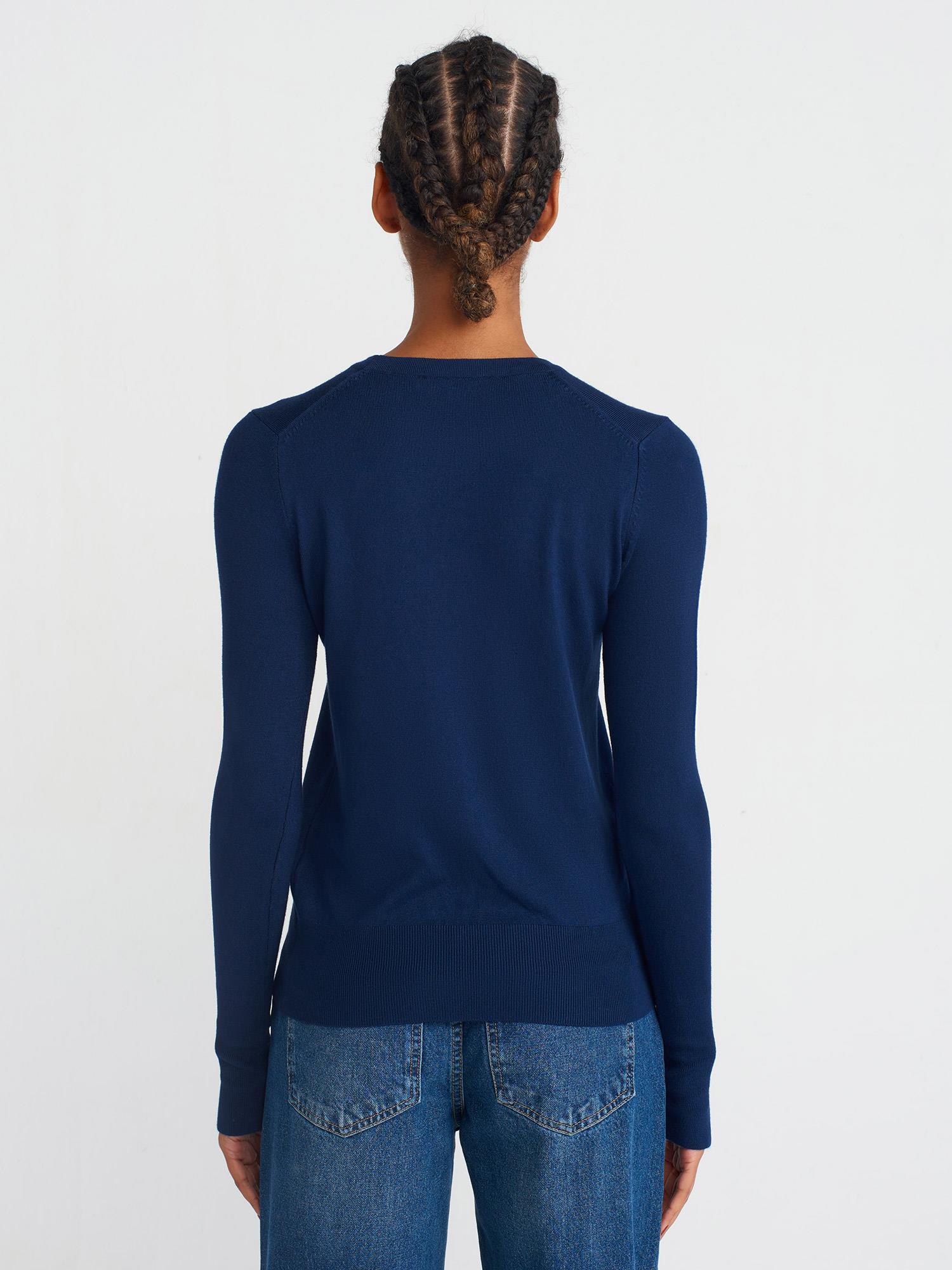 Wholesale Women's Navy Crew-Neck Knit Blouse with Snap-Button Wide Cuffs 0431W26-1267