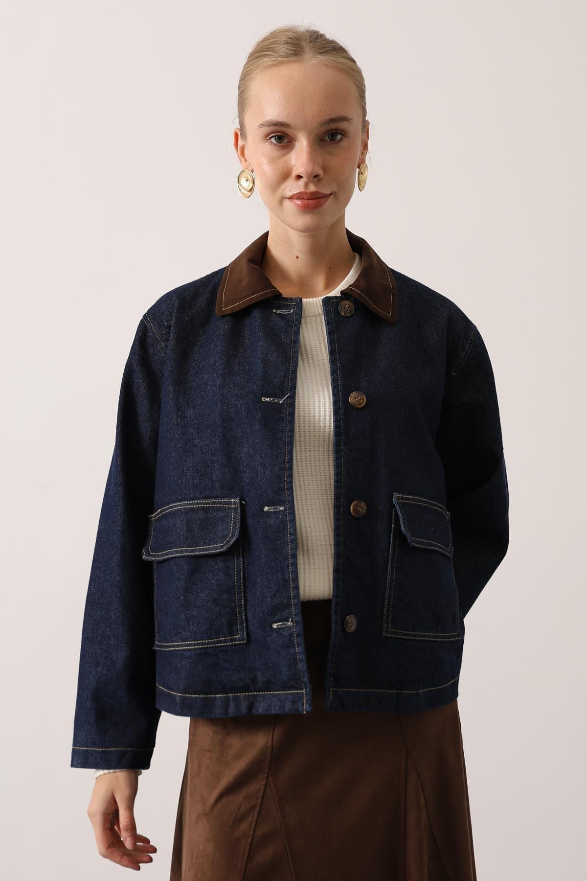 Wholesale Women's Navy Denim Oversized Jacket with Contrast Collar 0061-38190