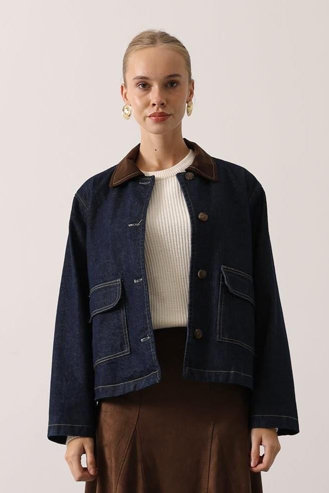 Wholesale Women's Navy Denim Oversized Jacket with Contrast Collar 0061-38190