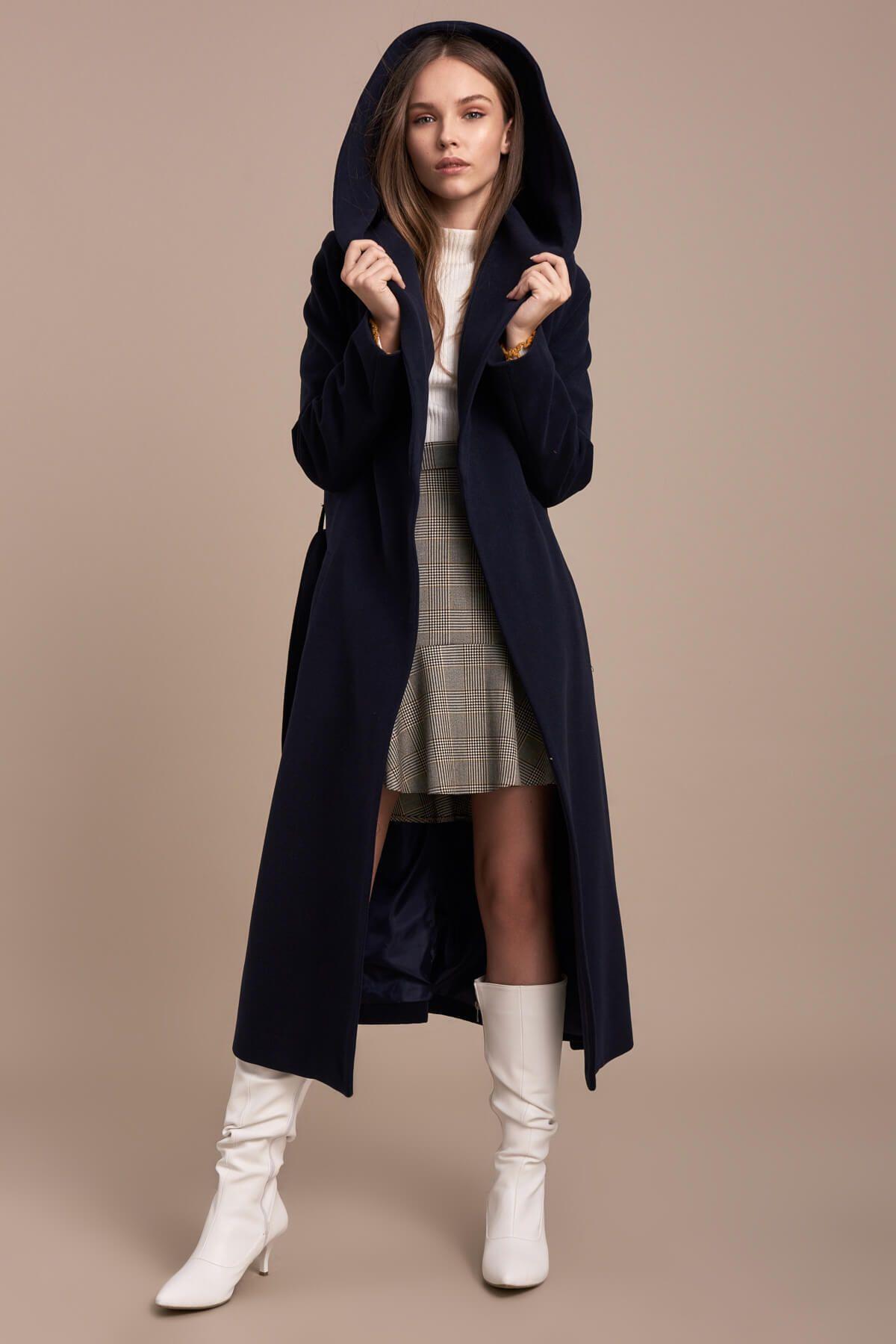 Wholesale Women's Navy Hooded Long Coat
