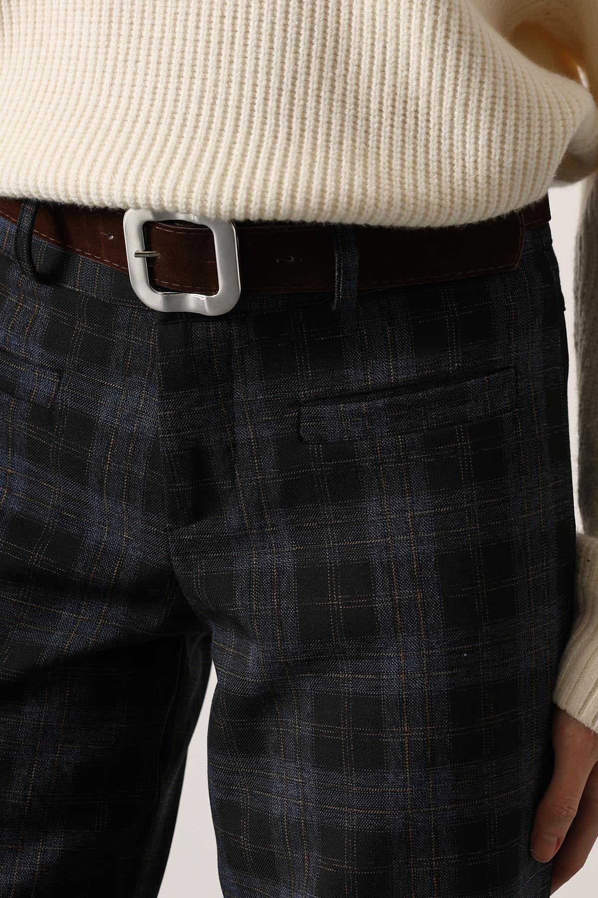 Wholesale Women's Navy Plaid Trousers with Belt 0061-36629