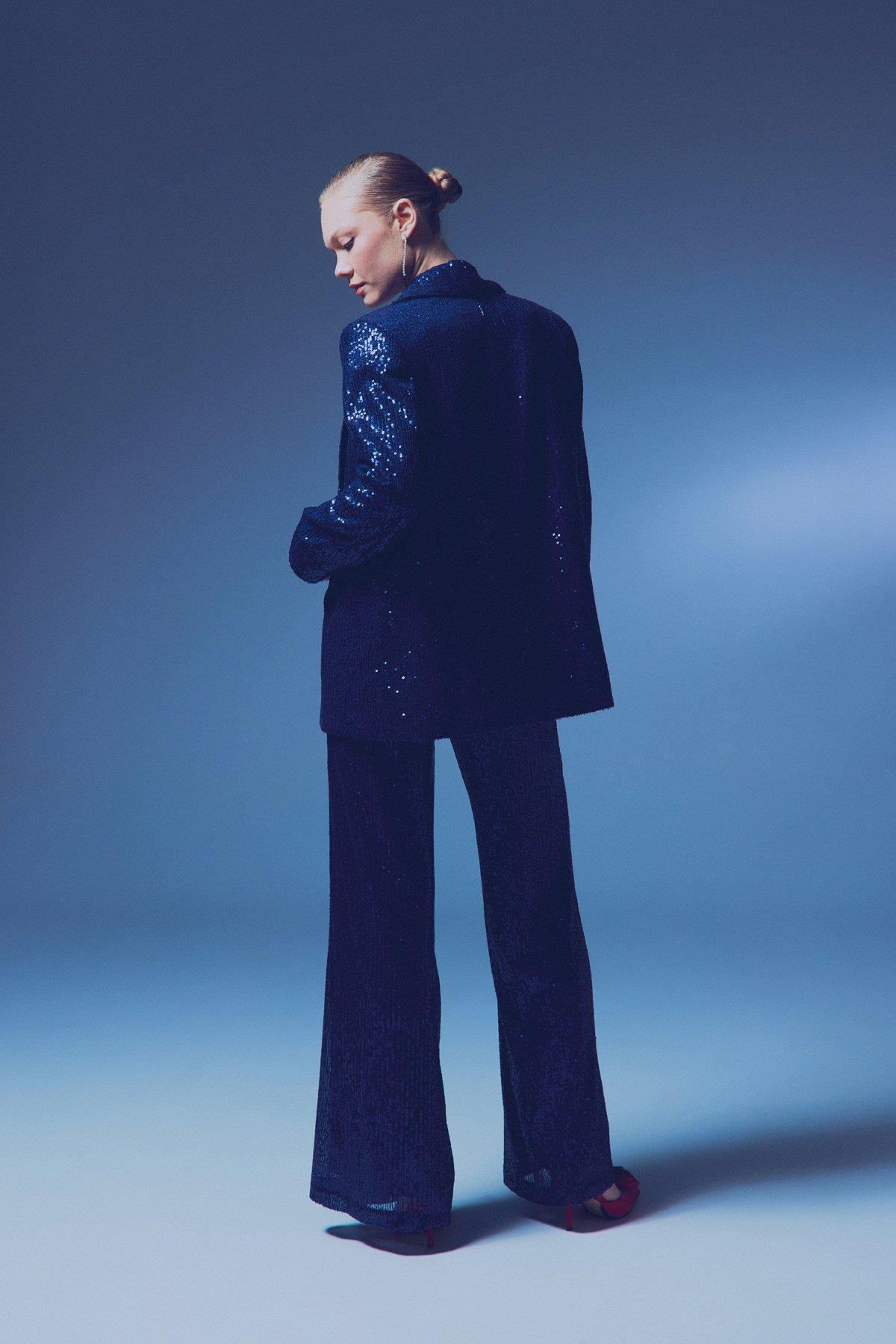 Wholesale Women's Navy Sequined Loose-Fit Blazer 0033-1673-6560