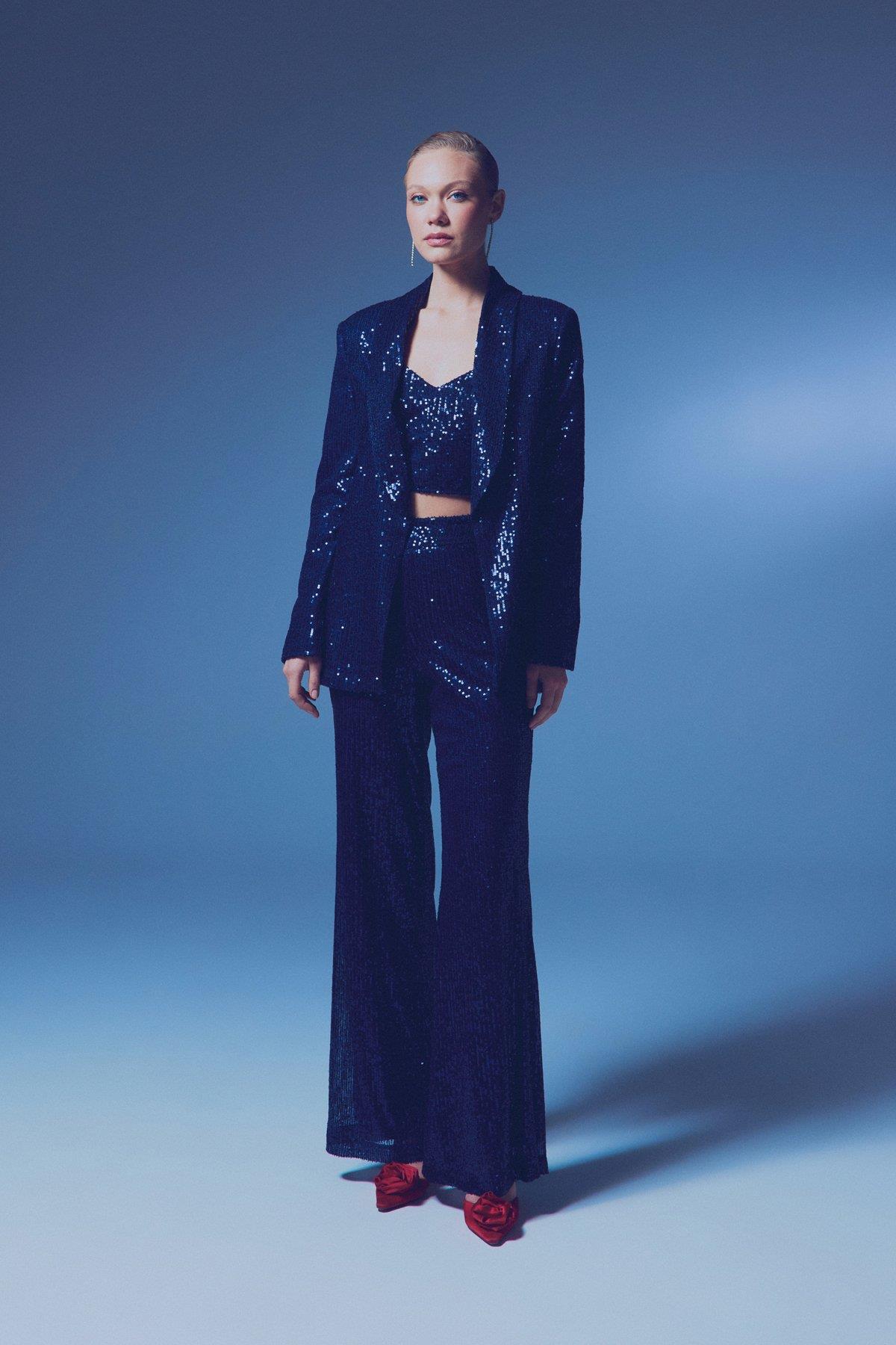 Wholesale Women's Navy Sequined Loose-Fit Blazer 0033-1673-6560