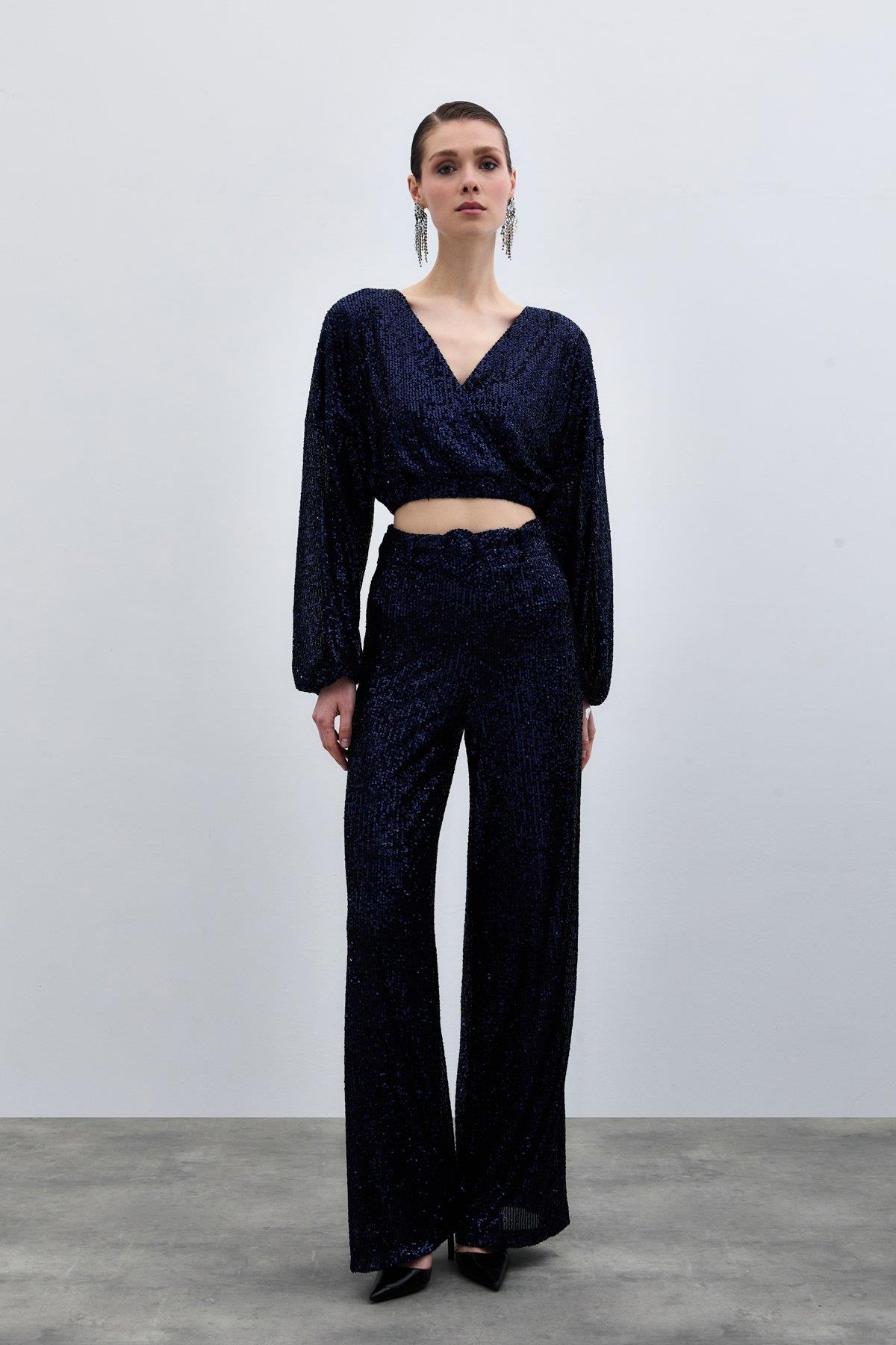 Wholesale Women's Navy Sequined Trousers with Belt 0033-2089-5518
