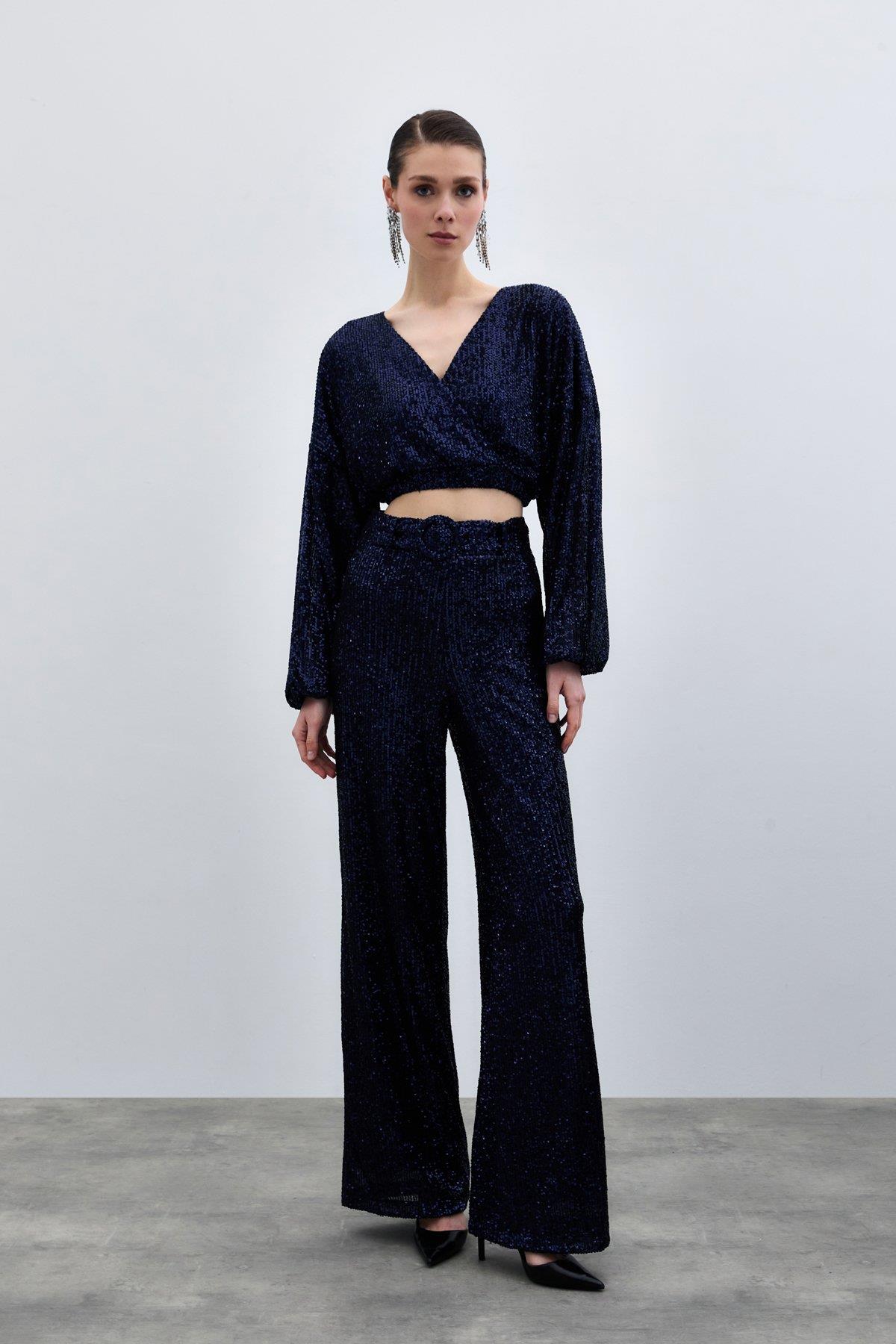 Wholesale Women's Navy Sequined Trousers with Belt 0033-2089-5518