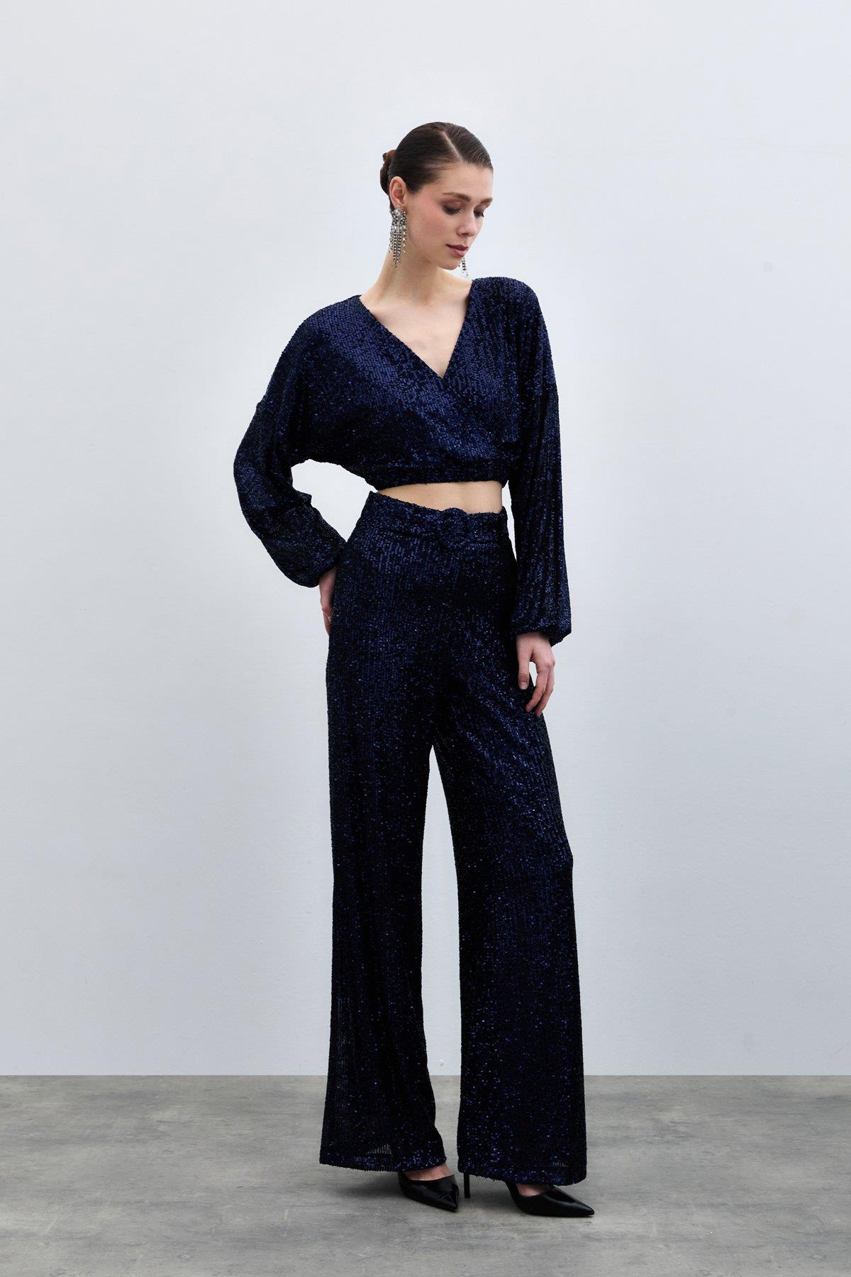 Wholesale Women's Navy Sequined Trousers with Belt 0033-2089-5518