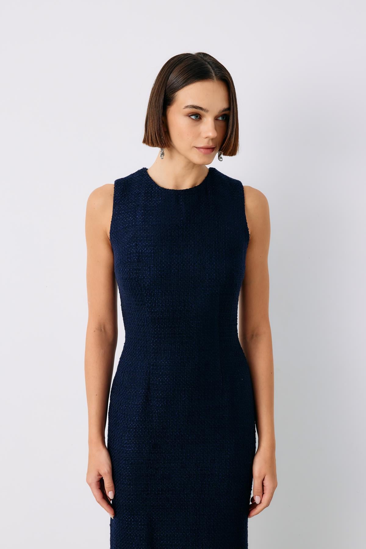 Wholesale Women's Navy Sleeveless Tweed Midi Dress 0033-1128-3500