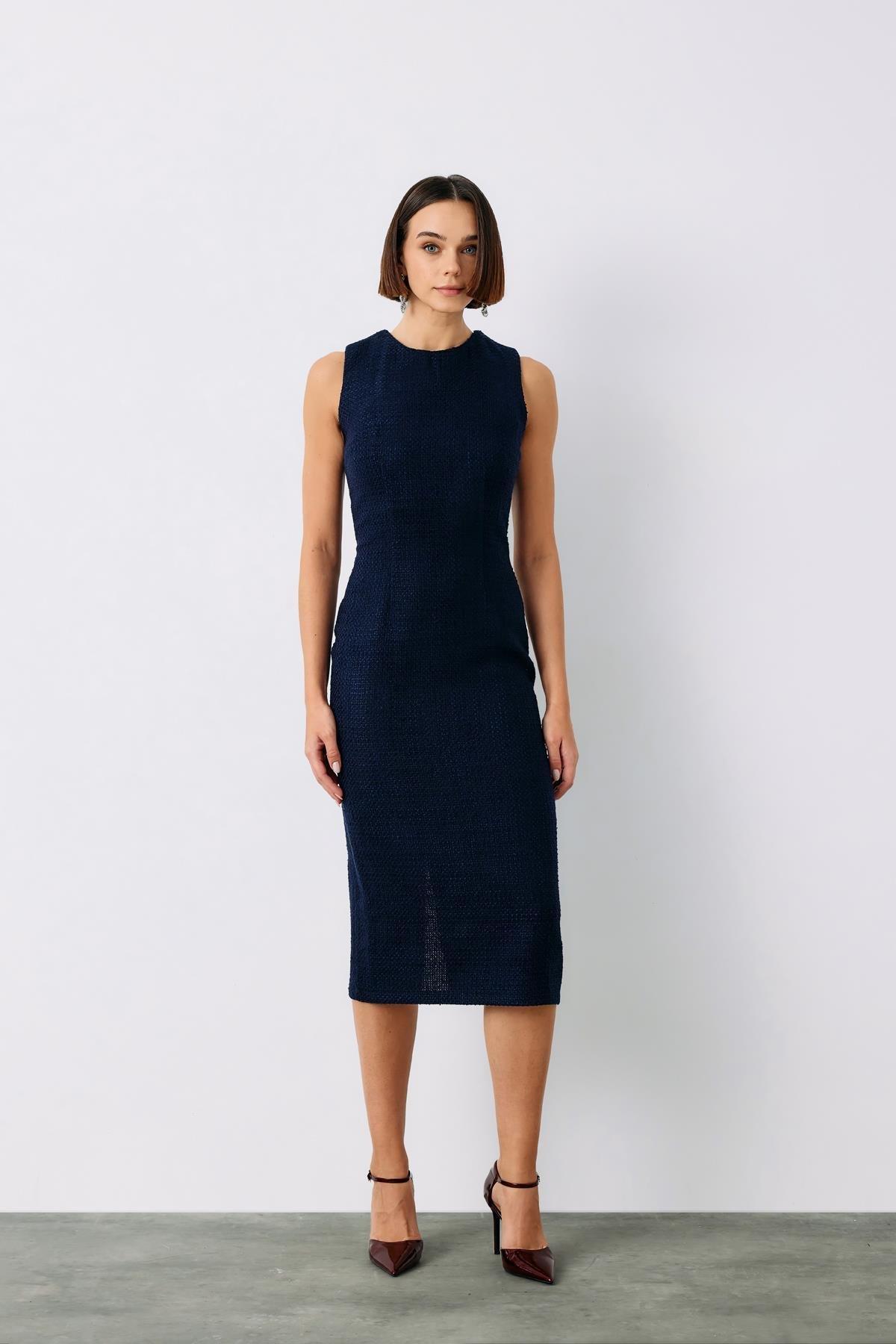 Wholesale Women's Navy Sleeveless Tweed Midi Dress 0033-1128-3500