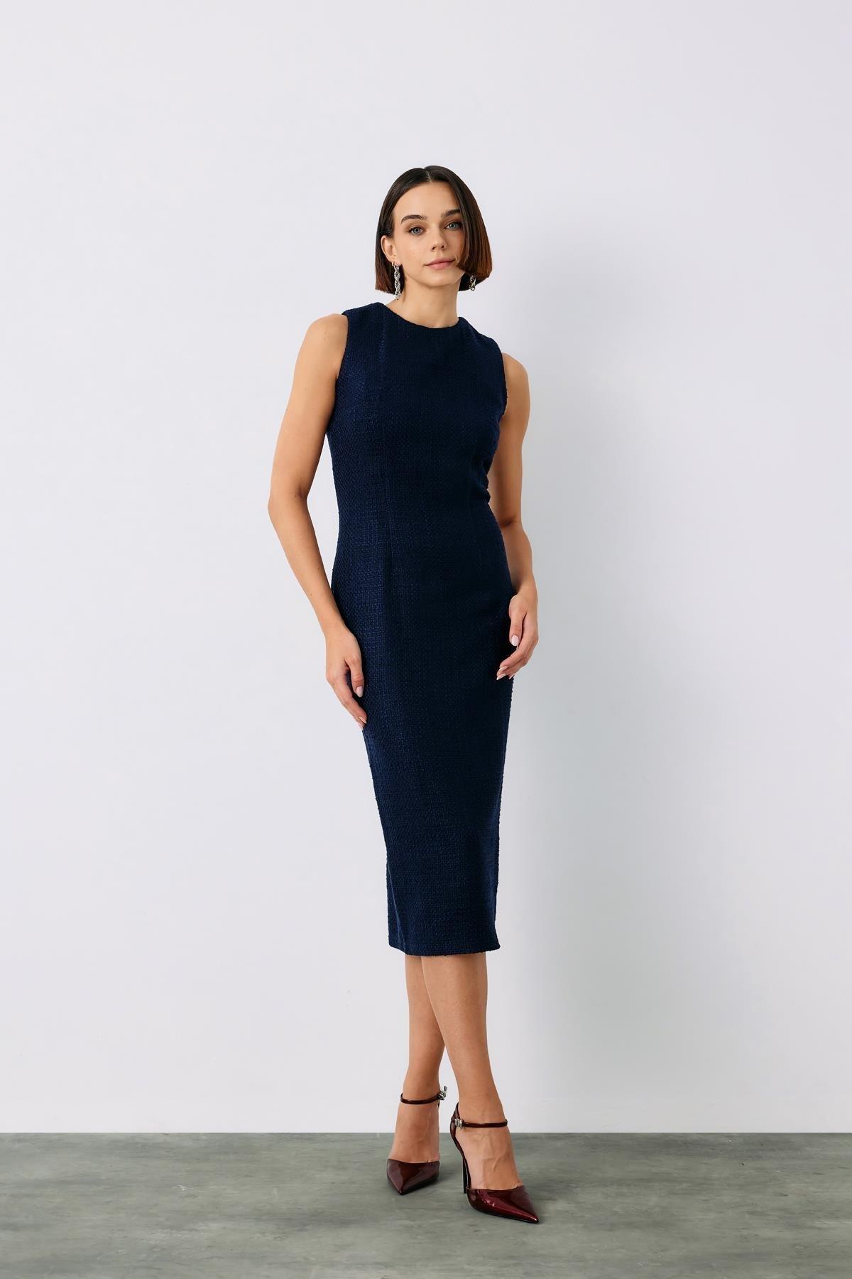 Wholesale Women's Navy Sleeveless Tweed Midi Dress 0033-1128-3500
