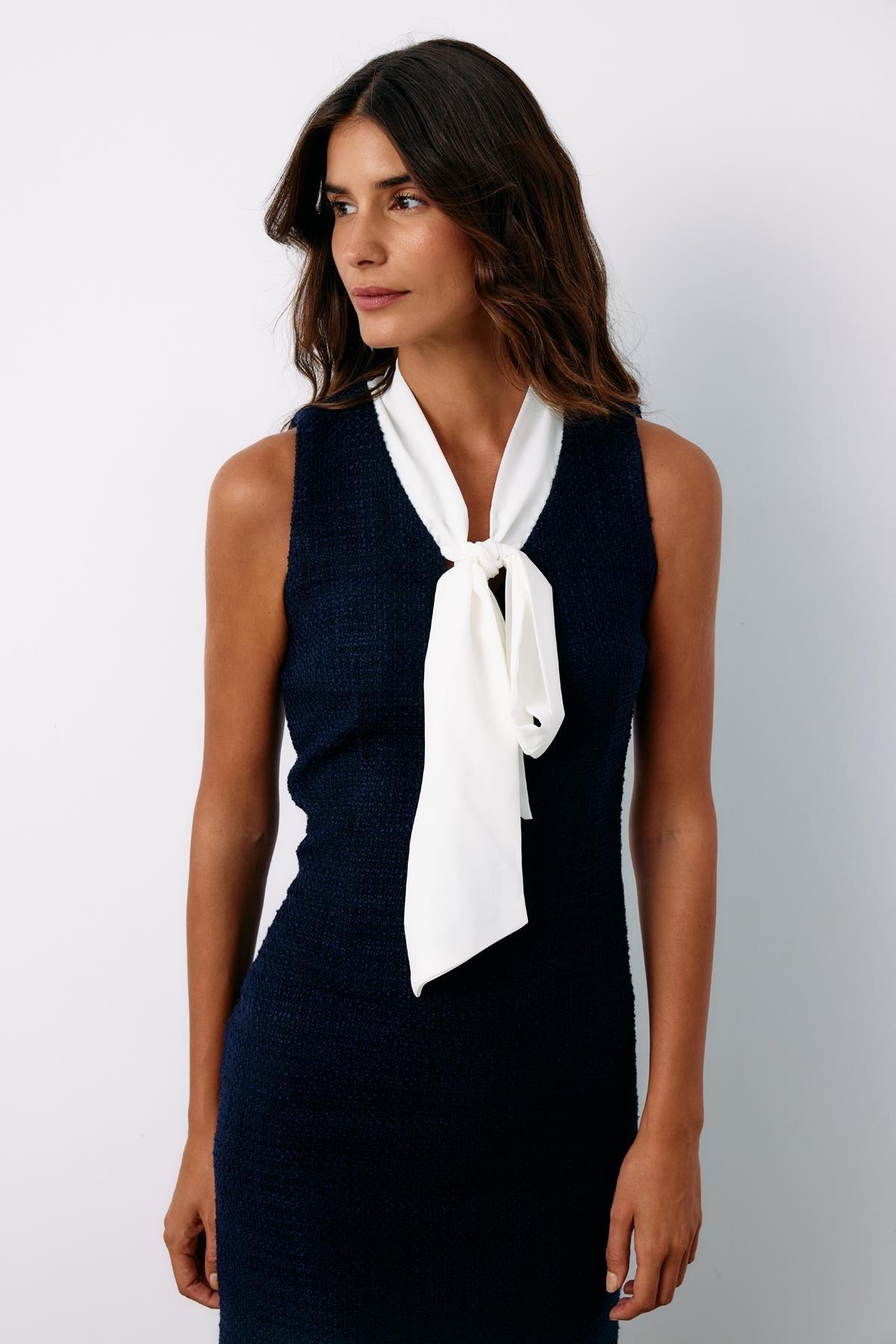 Wholesale Women's Navy Sleeveless Tweed Dress with Scarf 0033-1551-3503