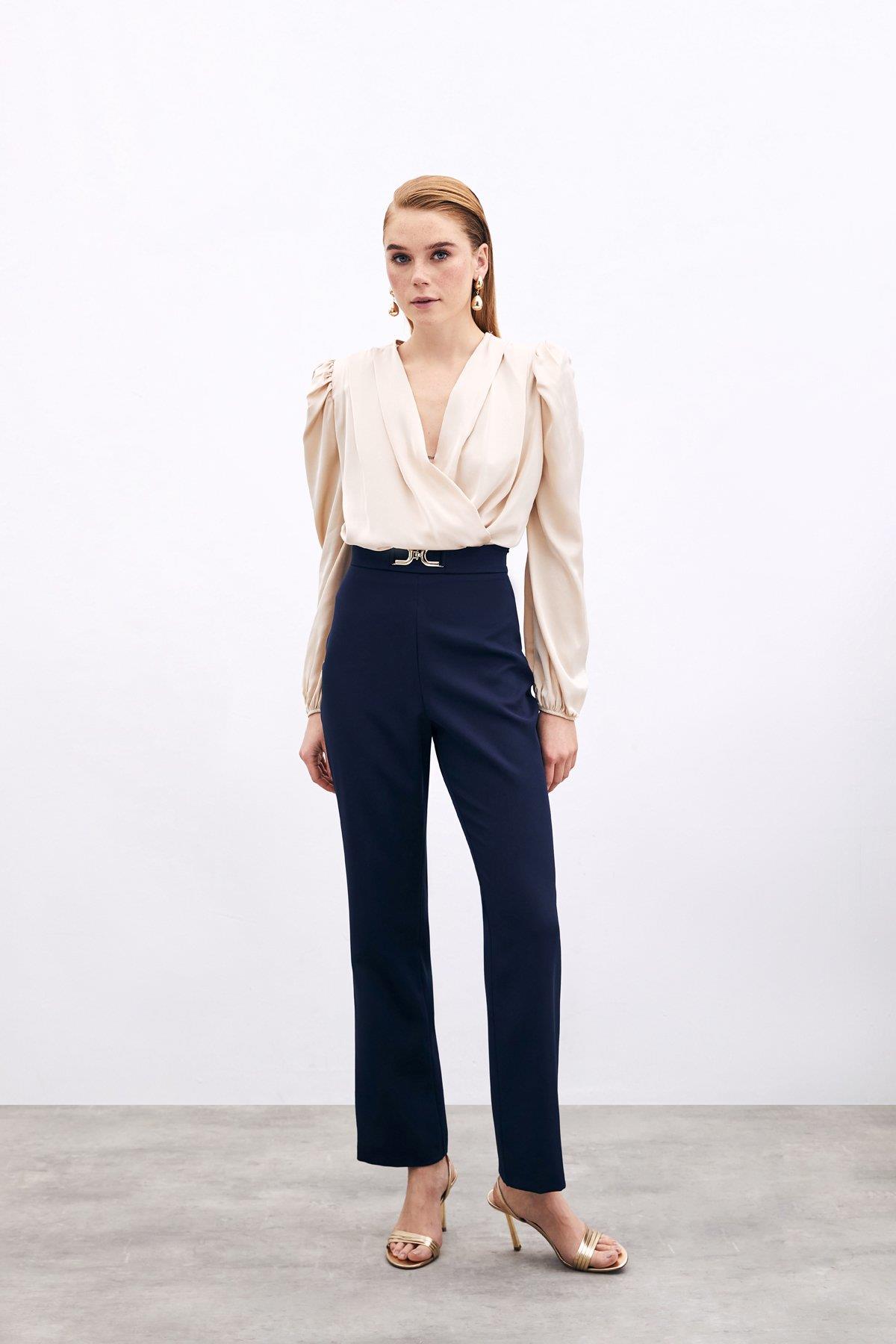 Wholesale Women's Navy Trousers with Accessory Detail 0033-1113-5007